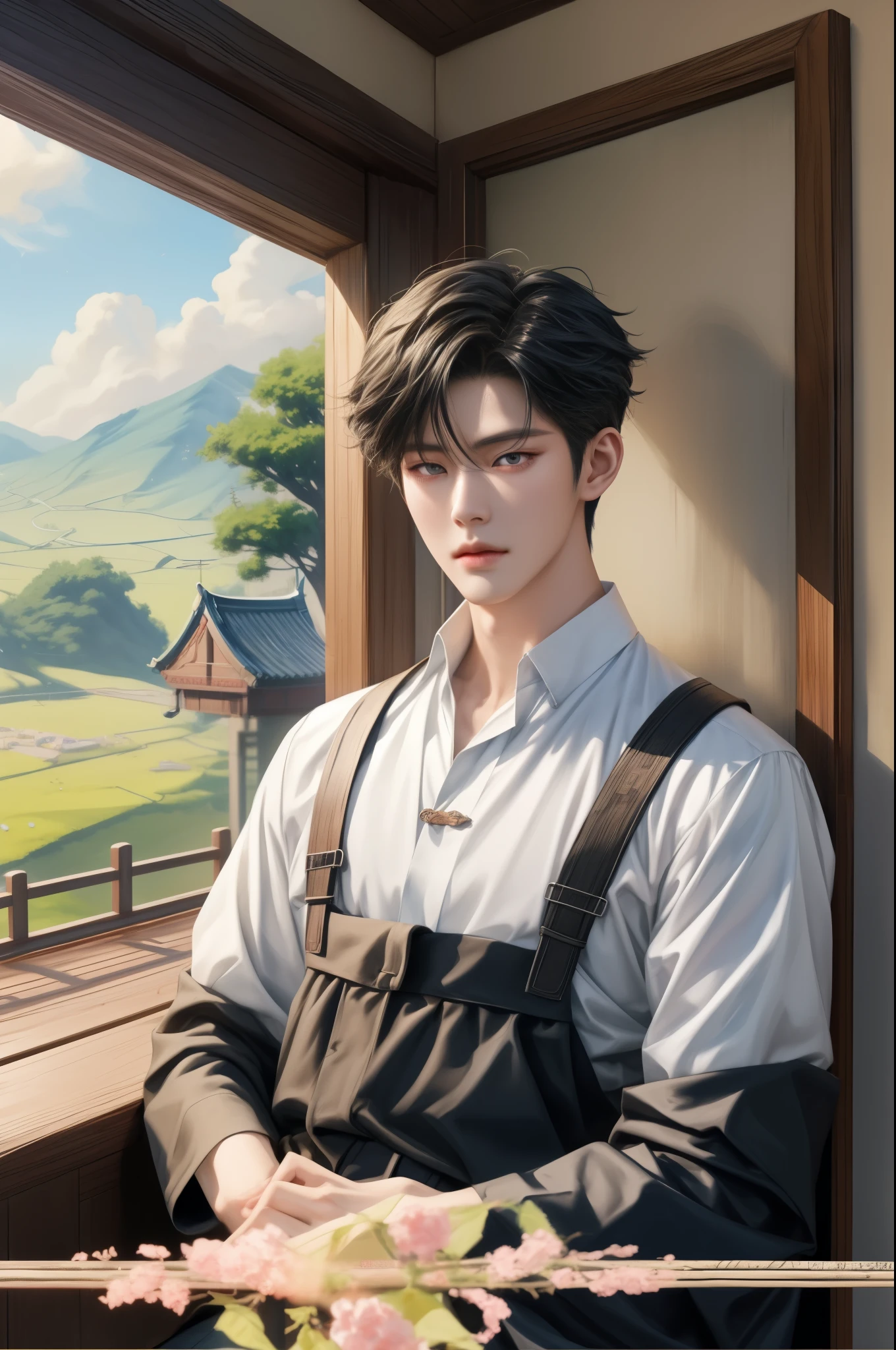 there is a man that is sitting in a window sill, inspired by Zhang Han, artwork in the style of guweiz, inspired by Yanjun Cheng, handsome guy in demon slayer art, inspired by Bian Shoumin, cai xukun, by Yang J, realistic. cheng yi, yanjun chengt, inspired by Russell Dongjun Lu, guweiz