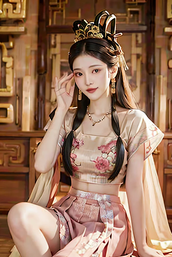 best quality, masterpiece, High resolution, 1 girl, ancient Chinese pink skirt, pretty face, China costume, Bow tie no original picture, elegant, noble, crown, thin legs, Fairy, hair accessories, alone, looking at the audience, Smile, shut up, lips, skirt, hair accessories, necklace, jewelry, long hair, earrings, architecture, east asian architecture