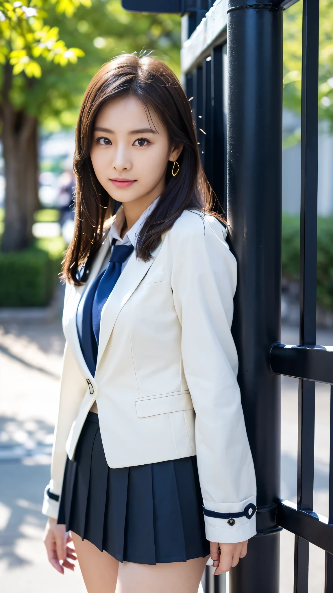 mix 4, (16k, Raw photo, best image quality, masterpiece: 1.45), (realistic, Photoreal: 1.37), tall girl, cute, cityscape,, professional lighting, photon mapping, school classroom, Physically based rendering, dark brown hair,ponytail hairstyle, well-groomed and beautiful eyes、((double eyelid))、super cute girl, (((school uniform、blazer、Long-sleeved shirts worn by Japanese high school girls、ribbon tie、dark blue mini skirt,、dark blue socks、black loafers))), highest quality photos, High resolution, 1080p, (clear face), (Detailed facial description), (detailed description of hands), (masterpiece), (Detailed CG)、extreme light and shadow、messy hair、master work、Rich details、(detailed facial features)、(highest quality photoasseter muscle part)、(detailed eye)、look in front of you、thin clavicle、((slender and big))、(((Japanese female students wear jackets and long-sleeved shirts)))、((neat idol))、((school gate、schoolyard、With the school building in the background))、(Take photos from random viewpoints)、(((cute like an idol)))、earrings、big smile、Draw the whole body from the knees、Do not draw fine lines、(((Sports bags used by Japanese female students)))、(Big big breasts with big drooping:1.2)、big firm butt、two arms、two legs、(((from the front:0.7)))、bare hands、(((symmetrical eyes)))、standing pose、please put your hands on the desk、Do not remove the tie from the jacket、raise your butt:1.5,Raw sex:1.5,