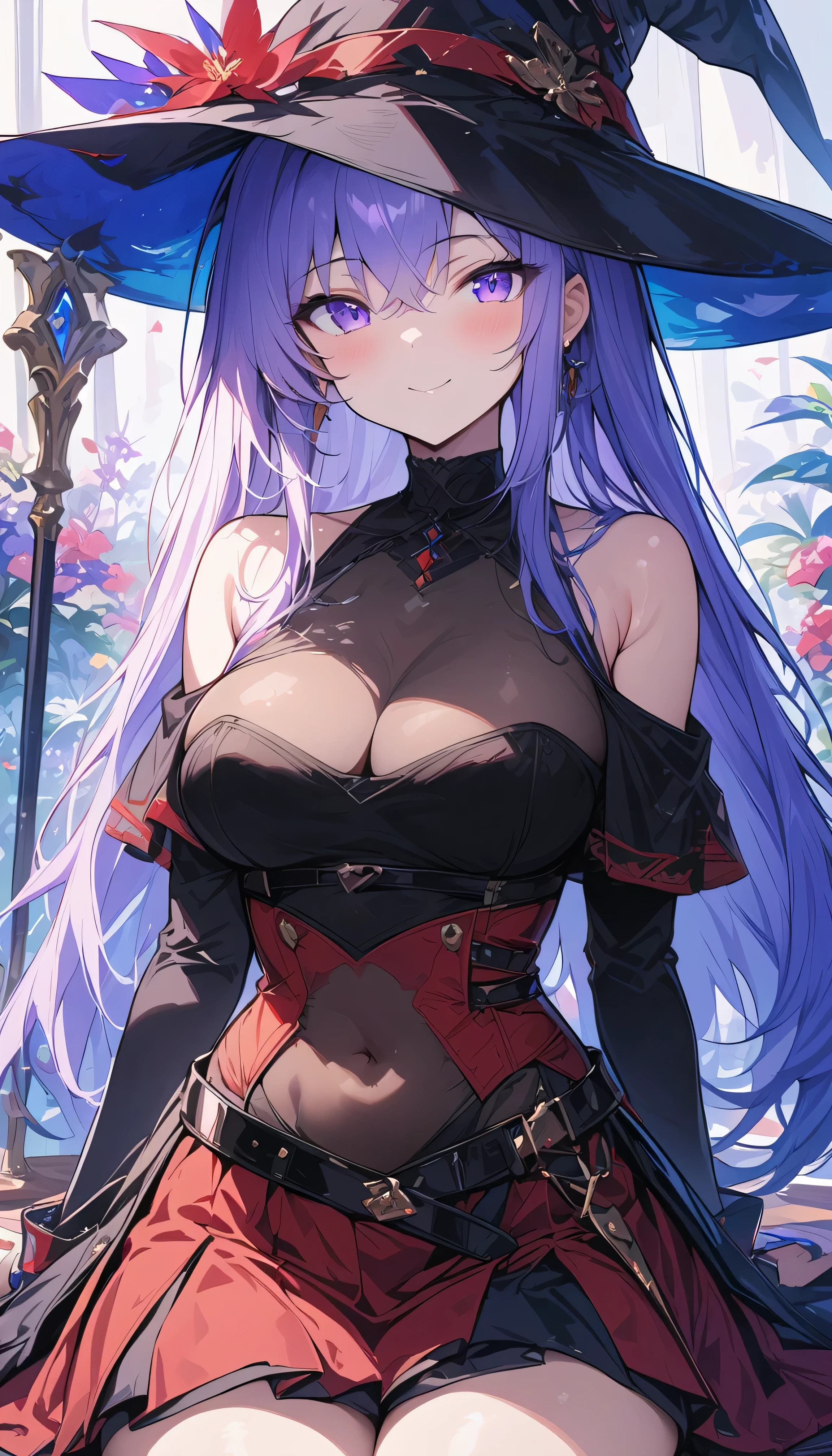 (masterpiece, best quality:1.2),a girl，bare shoulders，have，table，sitting，Chest，long hair，purple eyes，Red dress，transparent，Cover belly button，Smile