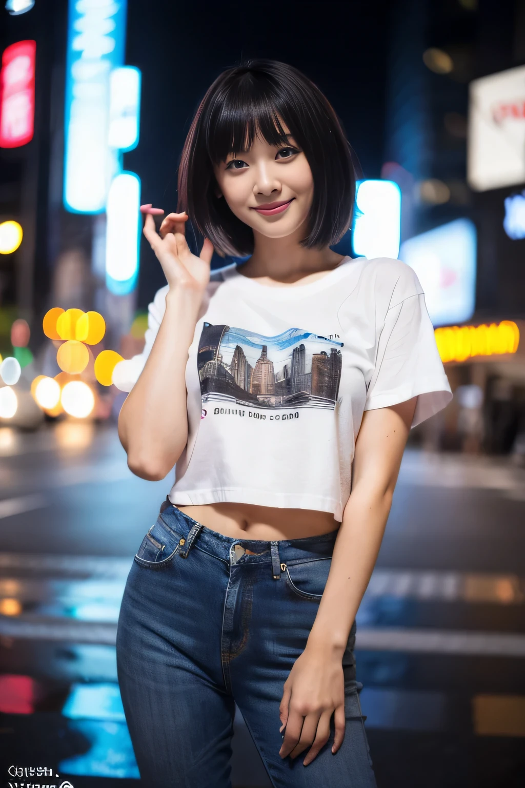 (8K, Raw photo, highest quality, masterpiece:1.2), (realistic, photo-realistic:1.4), (extremely detailed 8K wallpaper),sharp focus, Depth of the bounds written,blur background, Bokeh,professional lighting, cinematic lighting,full body,thin,japanese girl,20 year old girl,dynamic pose,cityscape,bob cut,wet hair,black hair,T-shirt,jeans,Hilarious,