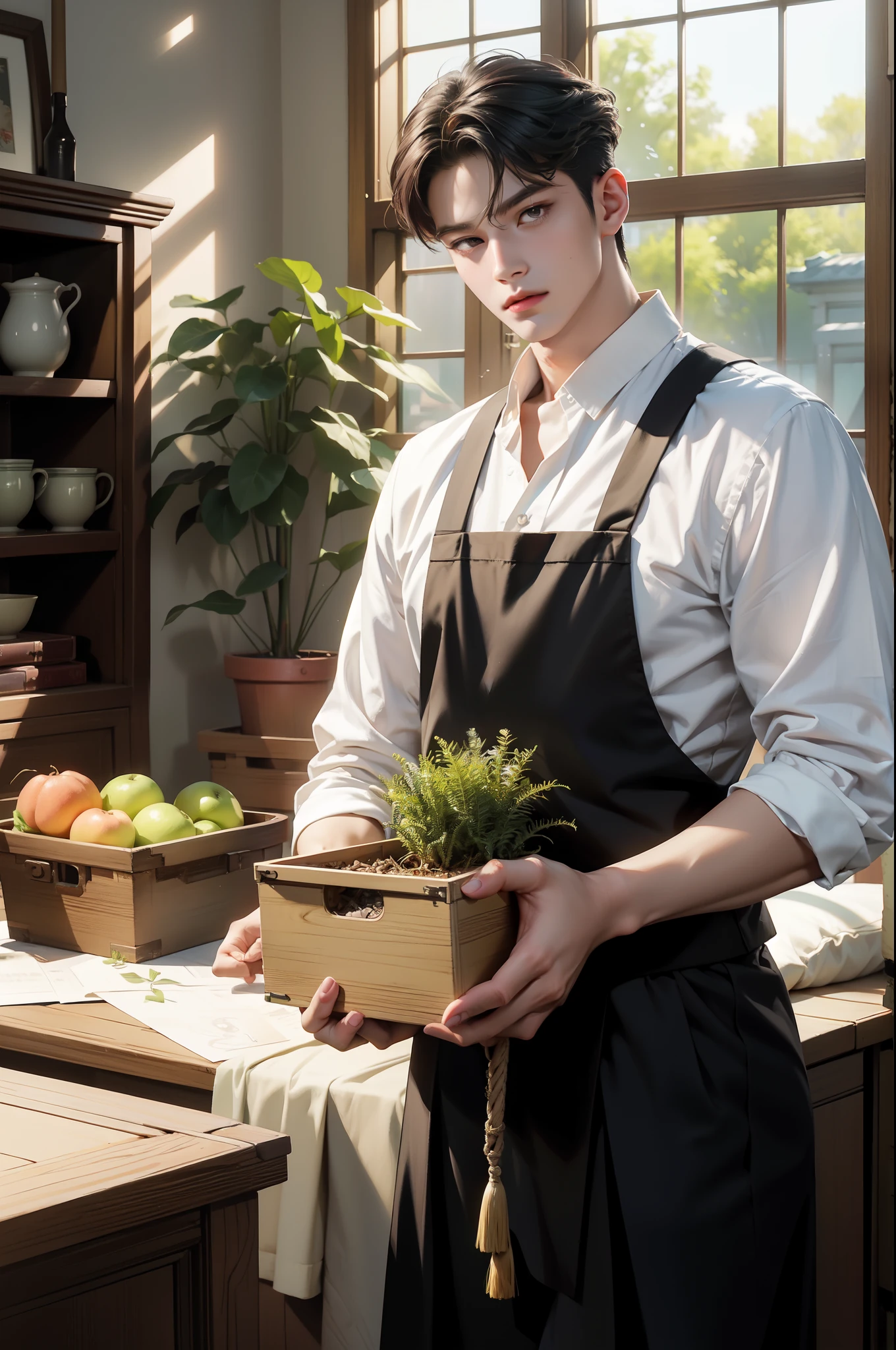 there is a man holding a box with a plant in it, sakimichan frank franzzeta, inspired by Yanjun Cheng, high quality portrait, inspired by Russell Dongjun Lu, artwork in the style of guweiz, cai xukun, inspired by jeonseok lee, harry potter in a maid’s uniform, inspired by Yeong-Hao Han