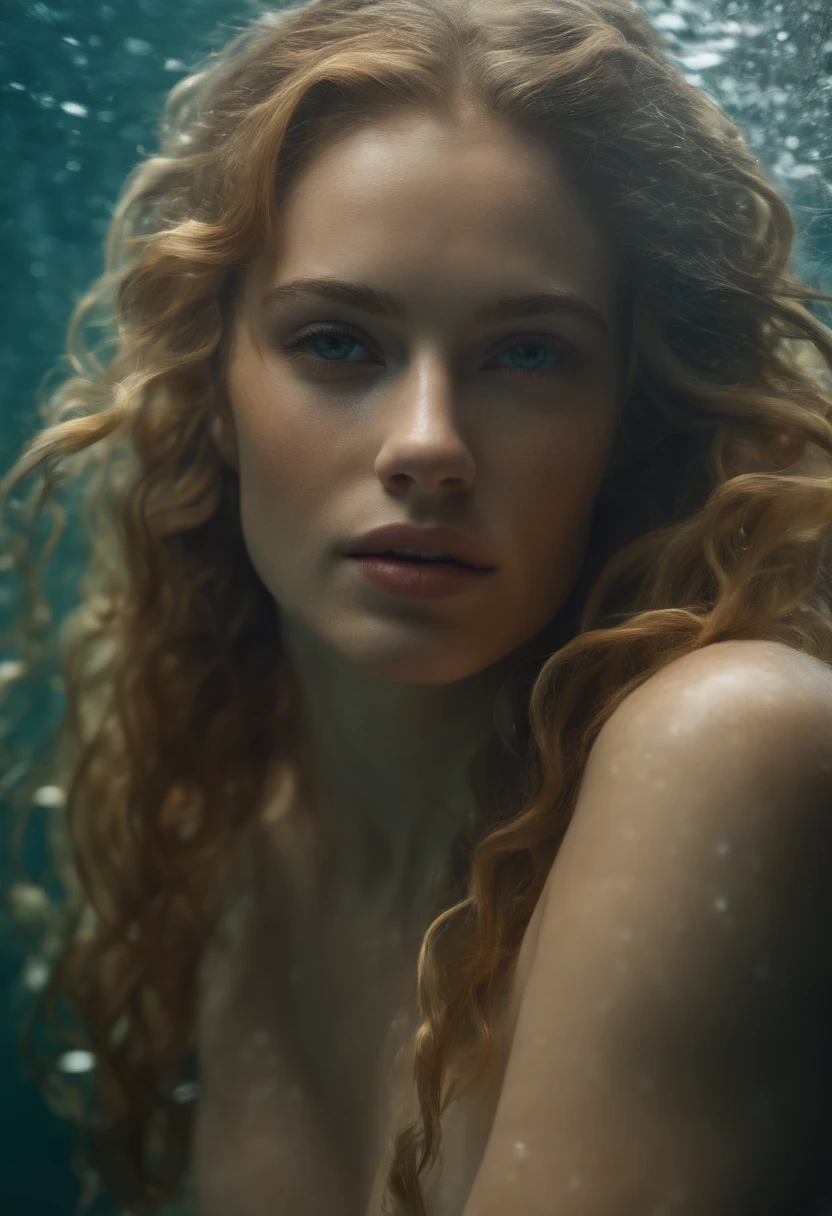 fantasy creature clothing made with marine floral nature that mimic shells, scales skin, algae details with different types of shells on body, (mermaid:1.1), top shell brassiere, waist length portrait, collar bones with skin turquoise scales, cover body with scales and shells, posing, very black hair, very long wavy hair, very thick hair, many freckles on the body, skinny body, (many freckles on the face), half body under the water on sea, seducing with a glace, dark around the eyes, gray eyes, half face in shadow, wet body, wet hair, pale skin color, mainly cloudy, fog, photorealistic eyes, detail face, detail backgrounds little blur, reflection from wet, not much light on models, light gold lights, correct shadows, HDR, Ultra 4K, photo realistic, professional photo, modelshoot.