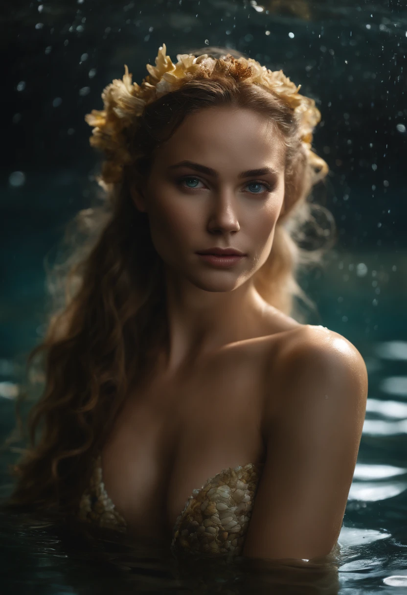 fantasy creature clothing made with marine floral nature that mimic shells, scales skin, algae details with different types of shells on body, (mermaid:1.1), top shell brassiere, waist length portrait, collar bones with skin turquoise scales, cover body with scales and shells, posing, very black hair, very long wavy hair, very thick hair, many freckles on the body, skinny body, (many freckles on the face), half body under the water on sea, seducing with a glace, dark around the eyes, gray eyes, half face in shadow, wet body, wet hair, pale skin color, mainly cloudy, fog, photorealistic eyes, detail face, detail backgrounds little blur, reflection from wet, not much light on models, light gold lights, correct shadows, HDR, Ultra 4K, photo realistic, professional photo, modelshoot.