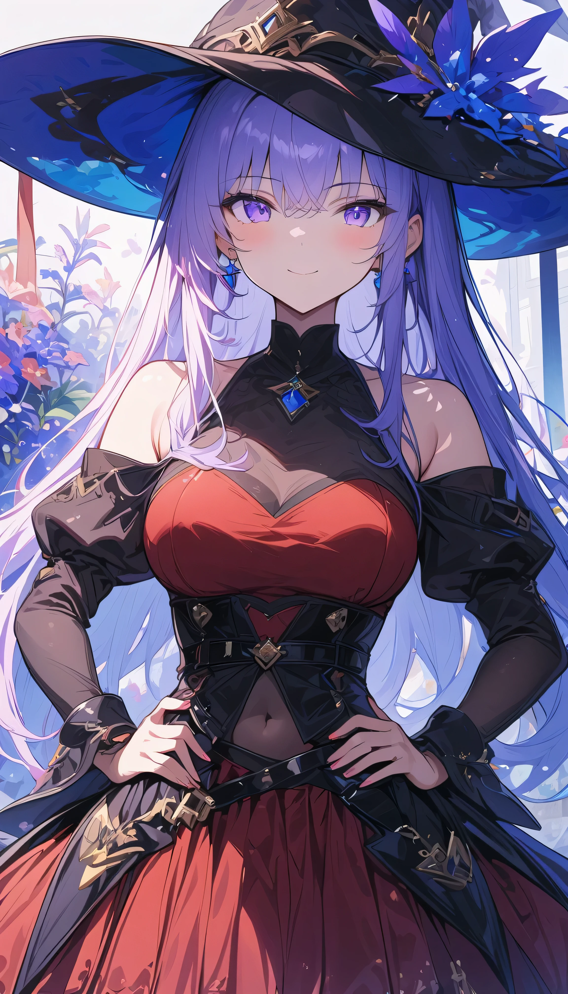 (masterpiece, best quality:1.2), 1 girl, bare shoulders, have, Chest, long hair, purple eyes, alone,red dress，Smile，hands on hips，Cover belly button，table，坐在table上