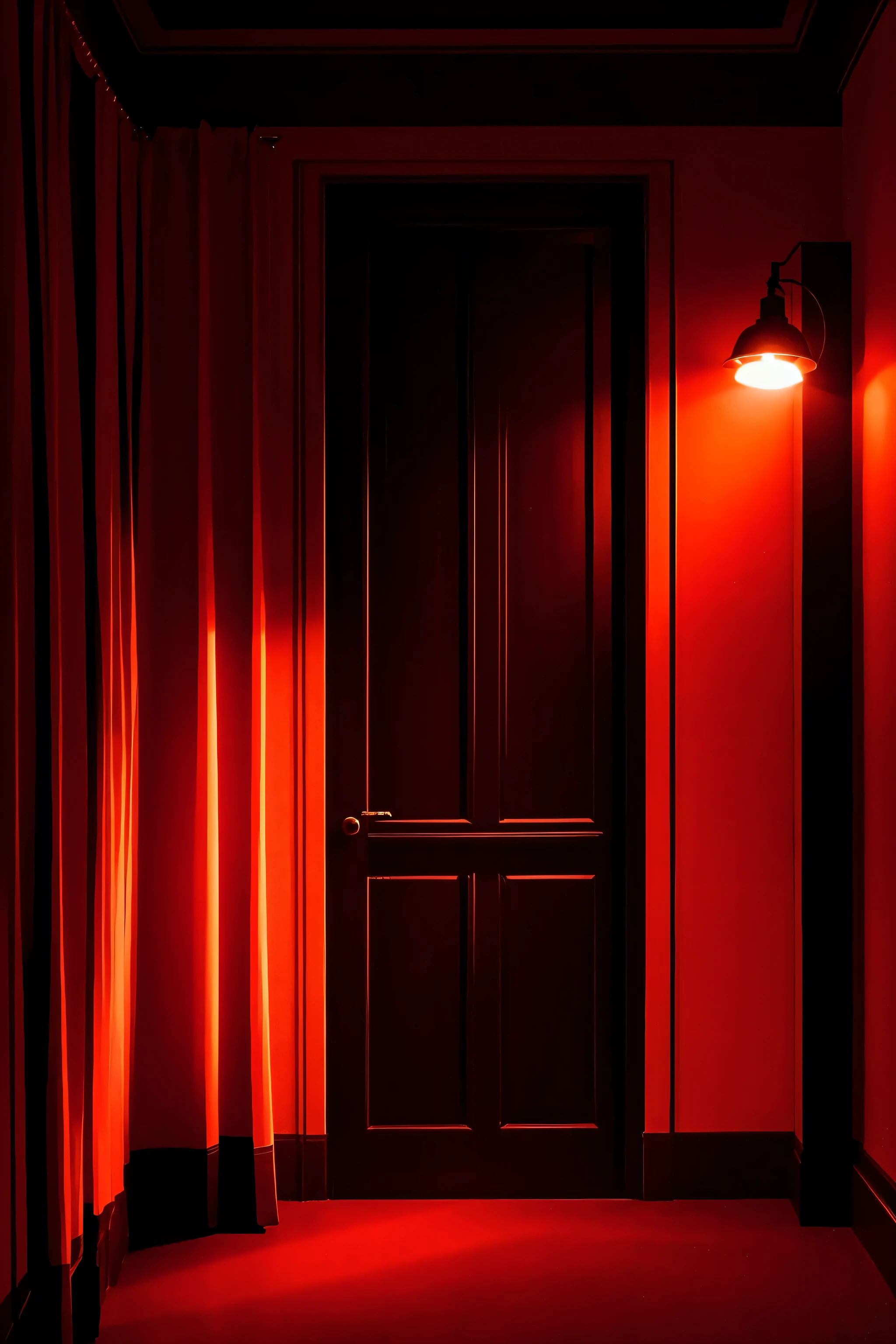 Start with an image of a dimly lit room with deep red lighting. This can create a foreboding atmosphere and set the stage for the mystery.