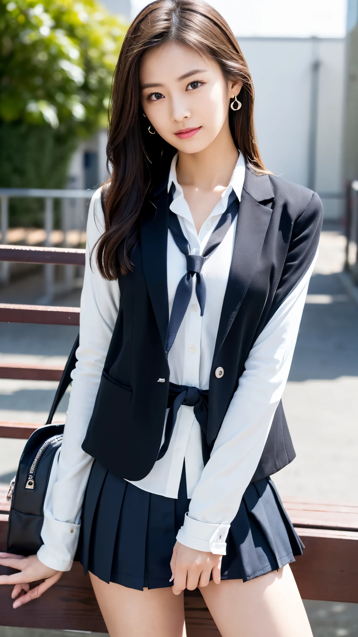 mix 4, (16k, Raw photo, best image quality, masterpiece: 1.45), (realistic, Photoreal: 1.37), tall girl, cute, cityscape,, professional lighting, photon mapping, school classroom, Physically based rendering, dark brown hair,ponytail hairstyle, well-groomed and beautiful eyes、((double eyelid))、super cute girl, (((school uniform、blazer、Long-sleeved shirts worn by Japanese high school girls、ribbon tie、dark blue mini skirt,、dark blue socks、black loafers))), highest quality photos, High resolution, 1080p, (clear face), (Detailed facial description), (detailed description of hands), (masterpiece), (Detailed CG)、extreme light and shadow、messy hair、master work、Rich details、(detailed facial features)、(highest quality photoasseter muscle part)、(detailed eye)、look in front of you、thin clavicle、((slender and big))、(((Japanese female students wear jackets and long-sleeved shirts)))、((neat idol))、((school gate、schoolyard、With the school building in the background))、(Take photos from random viewpoints)、(((cute like an idol)))、earrings、big smile、Draw the whole body from the knees、Do not draw fine lines、(((Sports bags used by Japanese female students)))、(Big big breasts with big drooping:1.2)、big firm butt、two arms、two legs、(((from the front:0.7)))、bare hands、(((symmetrical eyes)))、standing pose、please put your hands on the desk、Do not remove the tie from the jacket、raise your butt:1.5，Raw sex:1.5，