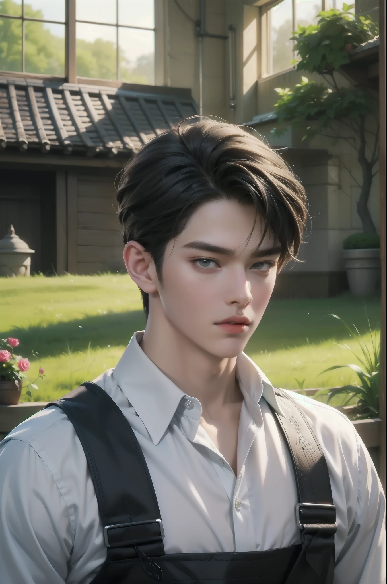 a close up of a person wearing a shirt and suspenders, artwork in the style of guweiz, handsome guy in demon slayer art, yanjun chengt, inspired by Yanjun Cheng, anime realism style, inspired by Zhang Han, cai xukun, high quality portrait, anime portrait of a handsome man, sakimichan frank franzzeta