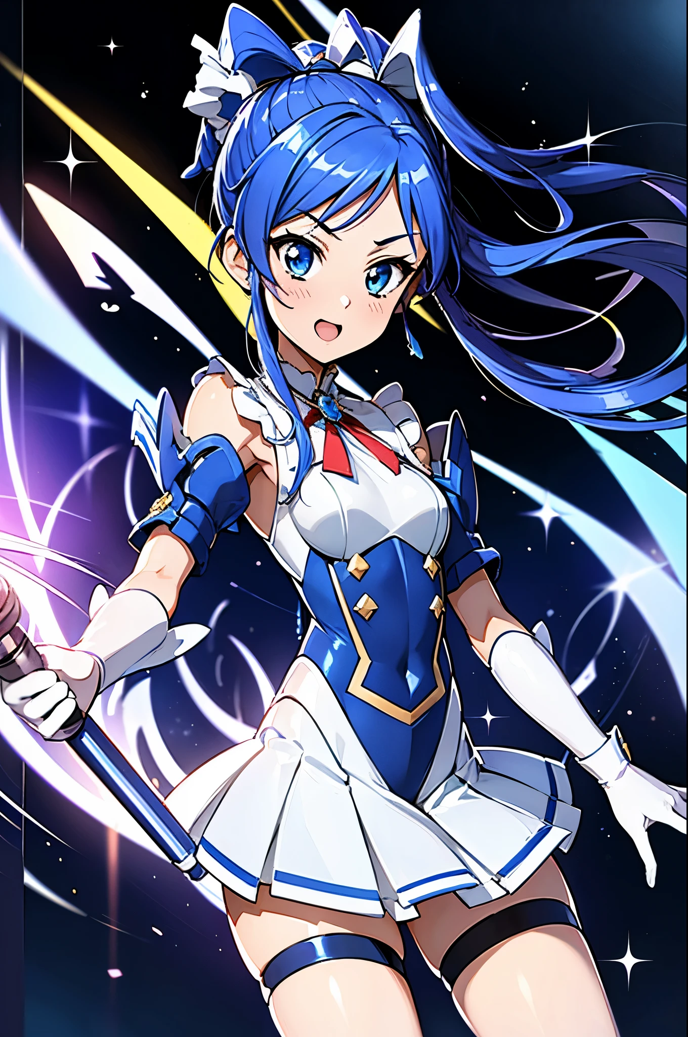 ,aikatsu,1 girls,in senki zesshou symphogear style , Blue long hair,Side Pony tail,Blue and White battle suit,BREAK,ultra-definition, high resolution, ultra-detail CG,caustics, Live stage, in front of super large vision, singing, stand microphone ,