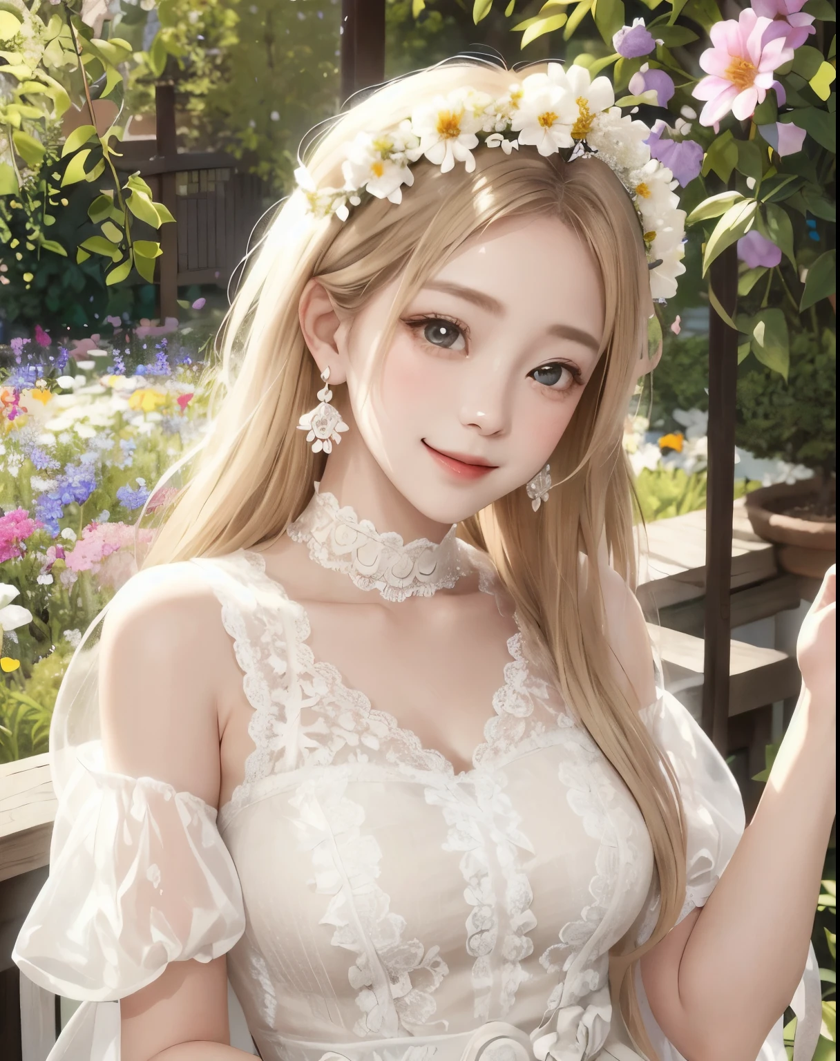 vivid、beautiful girl、1 person、crisp double、big eyes、Sepia eyes、Japanese、blonde、((white lace dress、organdy))、Princess、princess、clear、choker、earrings、flower garden、sun、daytime、bright、vivid、flower crown、natural smile