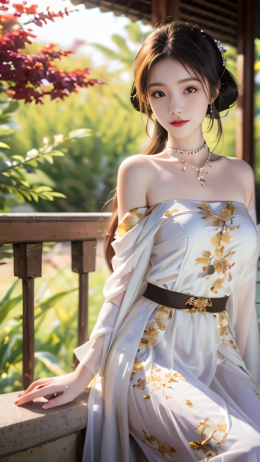 gufeng,bare shoulders, actual, Robbery girls, red lips, mature women, cosmetic, big eyes, beautiful eyes, ((whole body)), ((Random shooting angle)), (best quality, masterpiece:1.2), Super detailed, (actual:1.37), ((Sexy long legs)), fair, young, Charming model with (delicate eyes, delicate lips, extremely delicate eyes), white and floral, show a bright smile, Create stunning girl images, Warm colors, Extremely high color saturation, official art, Extremely detailed CG unified 8K wallpaper,(high dynamic range :1.4), (cinematic),(pastel colors, dull color, soothing tone :1.3), (natural skin texture, ultra-actual, soft light, sharp),(Very detailed), night, moonlight, In an antique pavilion, Sitting on the bench against the guardrail