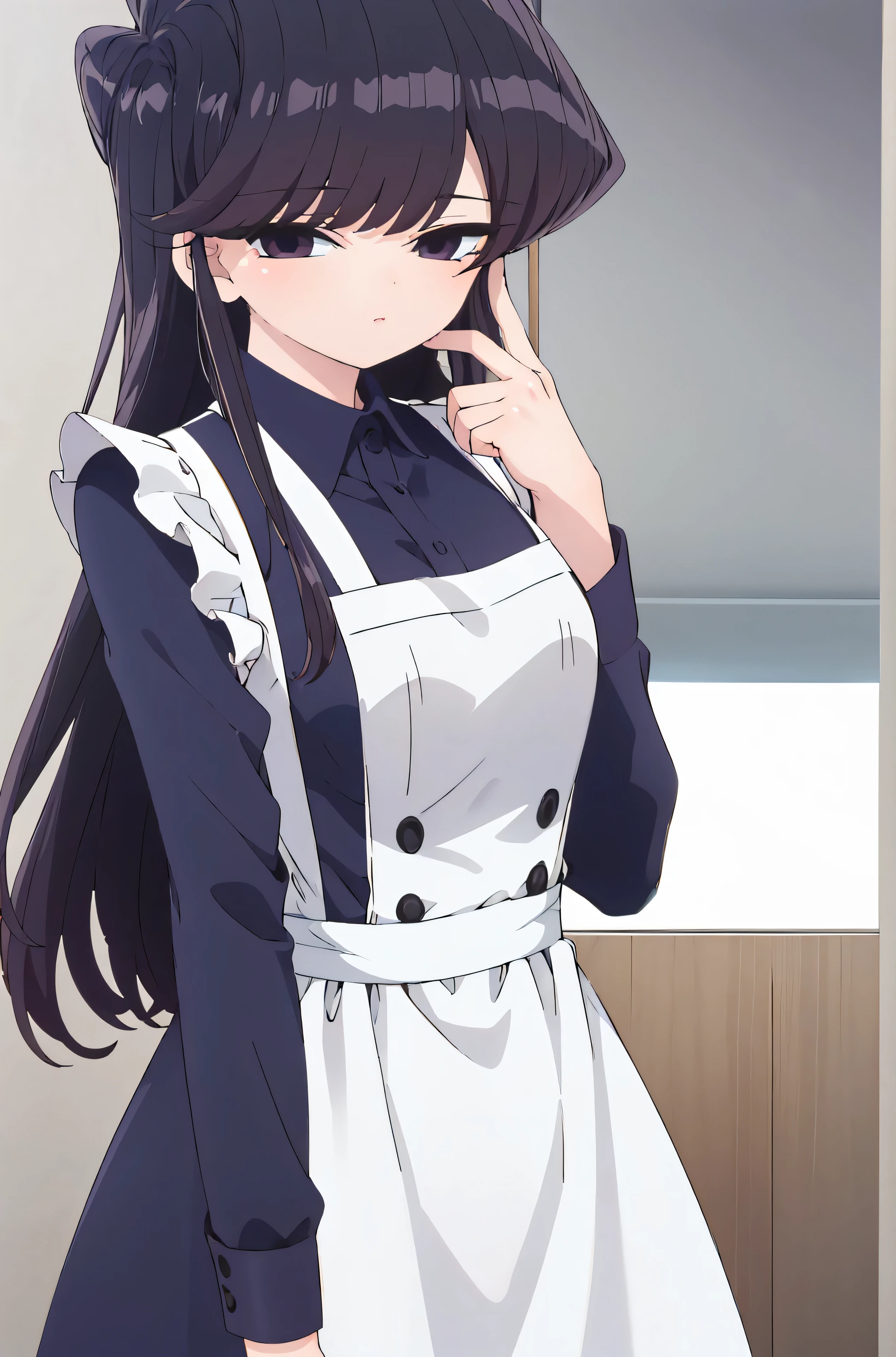 One anime girl, long black hair, brown eyes, cat ears, cute maid outfit , light blush, light smile, nightime, apartment, bedroom, sitting on bed
