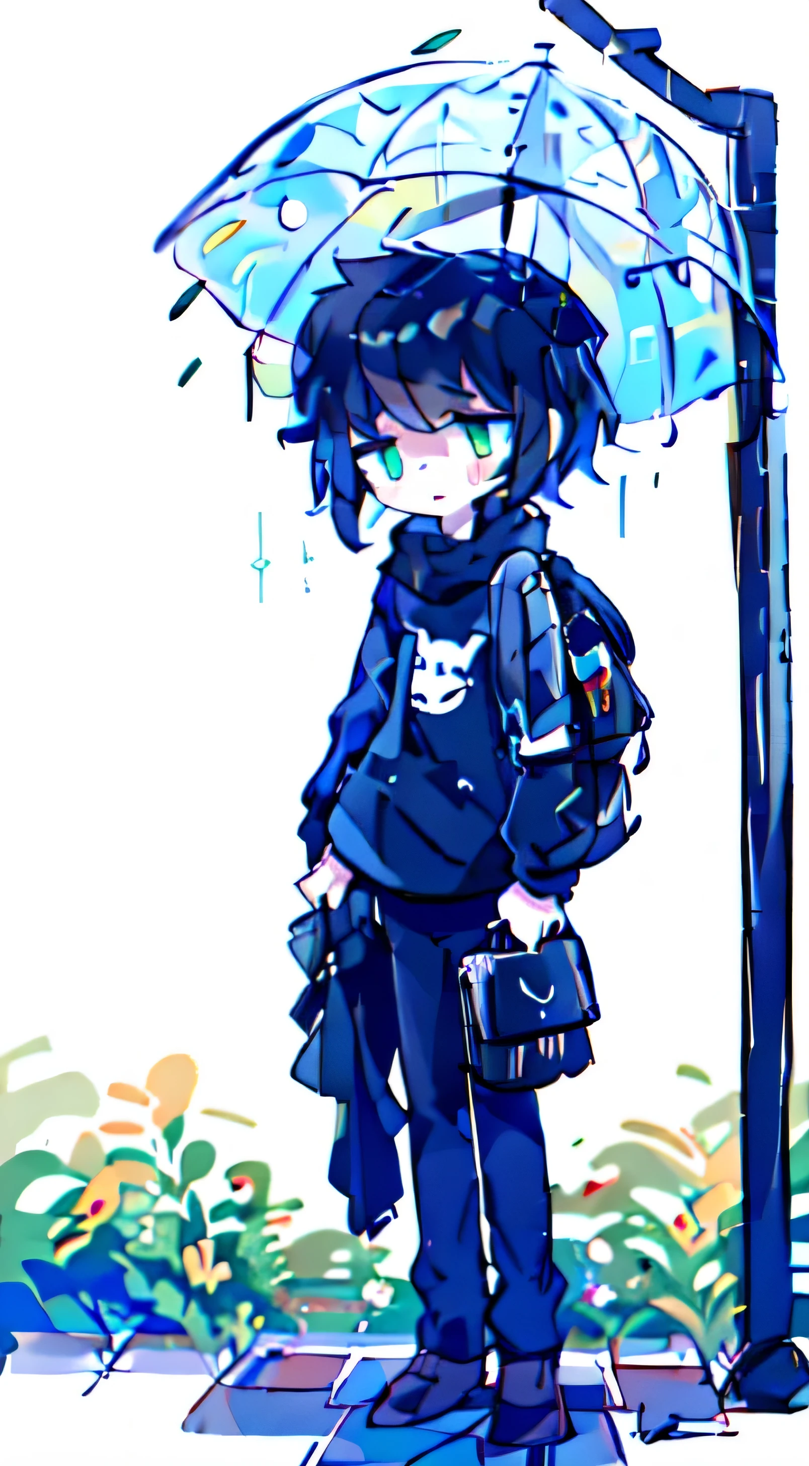 
(masterpiece, best quality:1.2), illustration, absurdres, highres, extremely detailed, 1boy, black hair , black shirt , green eyes , tired , eyebags ,  tired face , closed mouth , brown_bag , raining , rainy , wet clothes , street , wet street , , cloudy , clouds