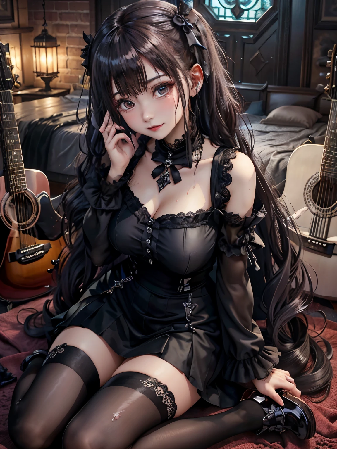 ハードdark gothicメイク、Insanity、deep night sky、horror、black dark eyeshadow、cry、grieve、good skin shine、dark gothicメイク、dark smile、Restless Palace、expression of sexual excitement、fragrant beauty、22 years old、Lie down、lure、expression of intense sexual pleasure、A look of shame、dark gothic、Gothic Lolita、bell sleeve、wizard sleeve、lewd expression、Stained glassが背景、muste piece、best quality、Refers to 5 books、Sweat glistens on my chest、Expression of sexual pleasure in suffering、drunk face、Maid clotheysterious、Noble、A face that is holding back the toilet、flirty gothic  clothes、body is wet and shiny、Super sexy、Lots of glitter on the thighs、i am sweating a lot、loving smile、twin tail hair、my thighs are so wet、jet black ruffle skirt、shaded、right blue eye, left eye is red、Sit on a gothic bed covered in roses、Super bewitching pose、Gravure shooting、knee high socks、thigh high socks、A lot of sweat and stickiness on the thighs、Plenty of plump, shiny thighs、Sweat glistening on your thighy whole body is shiny with sweat、glamorous、platform heel shoes、pretty sweaty、My thighs are sweaty、dark makeup、Chest size is modest、black lipstick、重厚感のあるdark gothicロングドレス、bright pink hair、long hair straight hair、Stained glass、black metal world、open your legs sloppily、her thighs are a little glamorous、play black guitar、guitar girl、play guitar、guitar playing、gothic guitar、