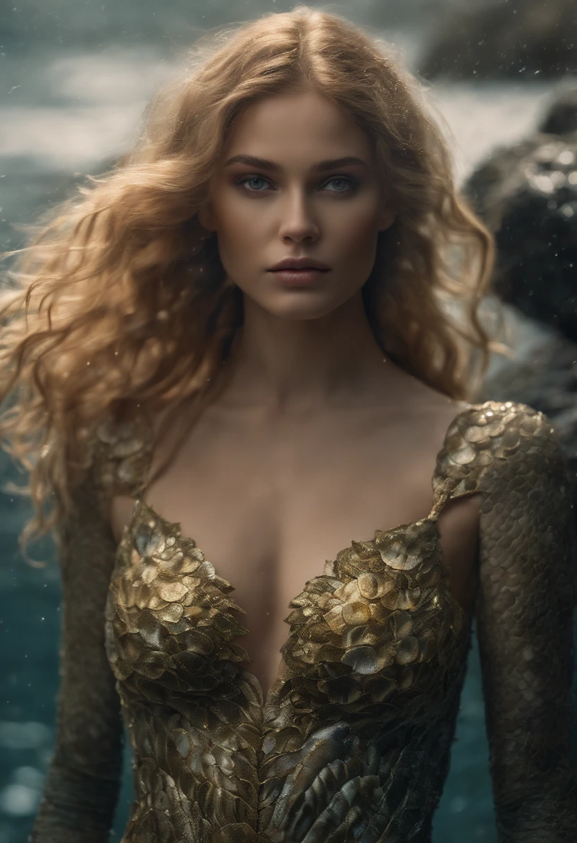 fantasy creature clothing made with marine floral nature that mimic shells, scales skin, algae details with different types of shells on body, (mermaid:1.1), top shell brassiere, waist length portrait, collar bones with skin turquoise scales, cover body with scales and shells, posing, very black hair, very long wavy hair, very thick hair, many freckles on the body, skinny body, (many freckles on the face), half body under the water on sea, seducing with a glace, dark around the eyes, gray eyes, half face in shadow, wet body, wet hair, pale skin color, mainly cloudy, fog, photorealistic eyes, detail face, detail backgrounds little blur, reflection from wet, not much light on models, light gold lights, correct shadows, HDR, Ultra 4K, photo realistic, professional photo, modelshoot.