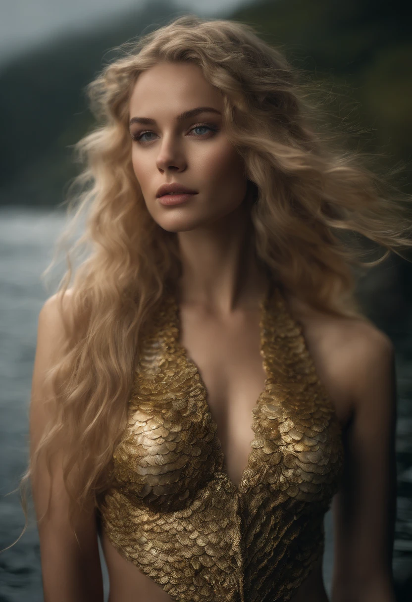 fantasy creature clothing made with marine floral nature that mimic shells, scales skin, algae details with different types of shells on body, (mermaid:1.1), top shell brassiere, waist length portrait, collar bones with skin turquoise scales, cover body with scales and shells, posing, very black hair, very long wavy hair, very thick hair, many freckles on the body, skinny body, (many freckles on the face), half body under the water on sea, seducing with a glace, dark around the eyes, gray eyes, half face in shadow, wet body, wet hair, pale skin color, mainly cloudy, fog, photorealistic eyes, detail face, detail backgrounds little blur, reflection from wet, not much light on models, light gold lights, correct shadows, HDR, Ultra 4K, photo realistic, professional photo, modelshoot.