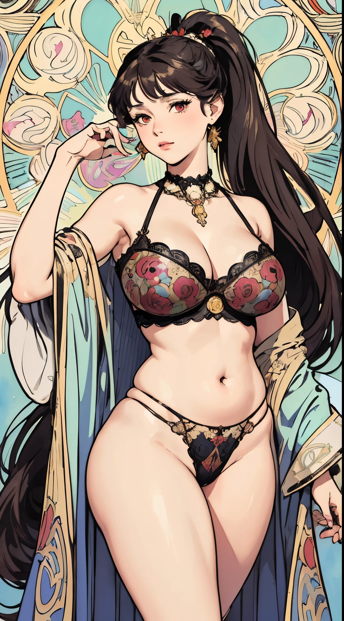 (best quality,4K,8K,High resolution,masterpiece:1.2),super detailed,actual:1.37,girl,((masterpiece)), (best quality), (Work), Art Nouveau watercolor painting , moon goddess , big breasts，robe，thong，show your neck，bare shoulders，Show belly button，Camel toe exposed，big eyes, long, thick eyelashes, plump lips, dark red eyes, hair long and thick, high ponytail, chubby, flowery_background, Intricate designs and patterns in the style of Alphonse Mucha.From the ass