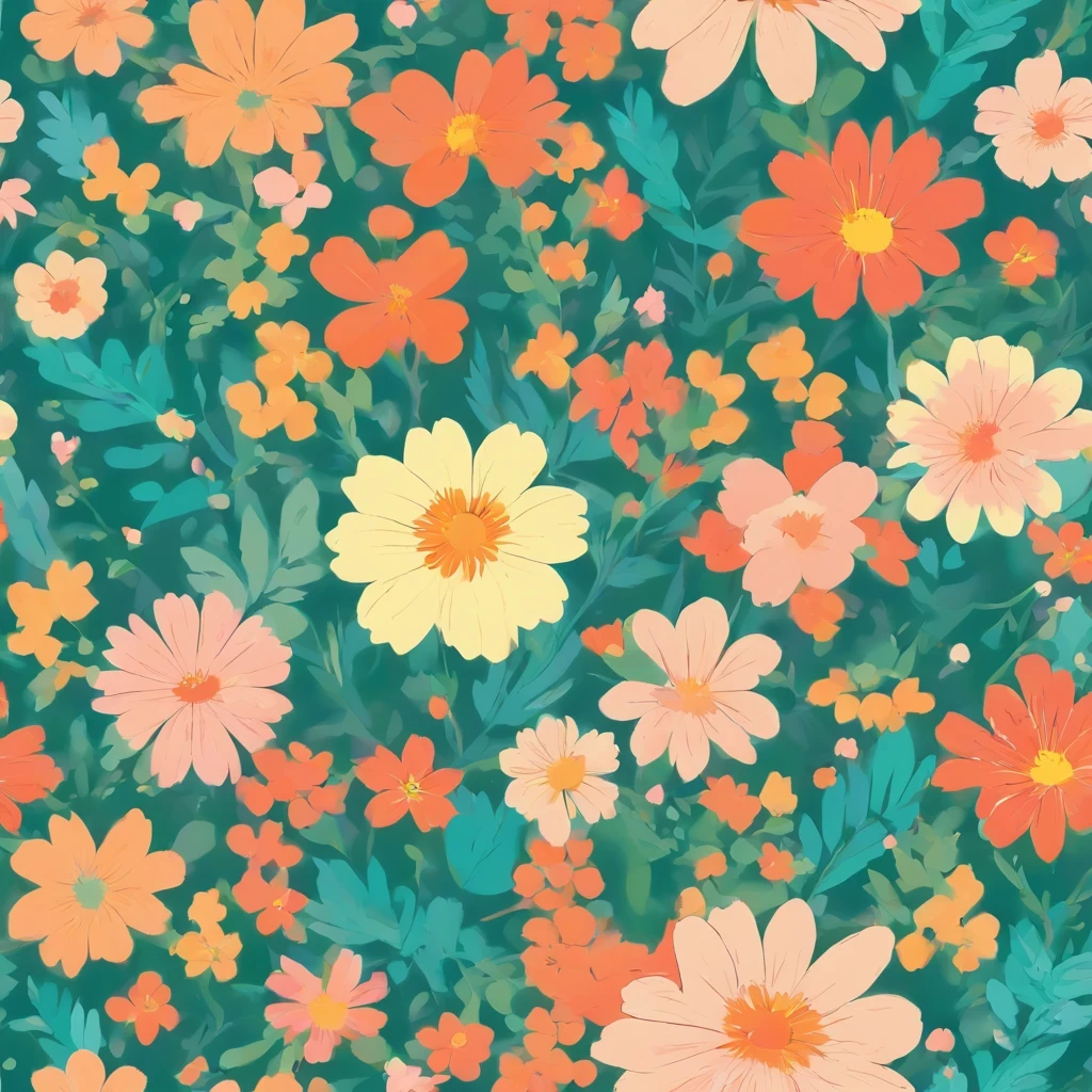 flower pattern, 1 fondo de color, Warm color palette, color plano, flat art illustration, sin textura realista, sin textura detallada, minimalist pattern, flores