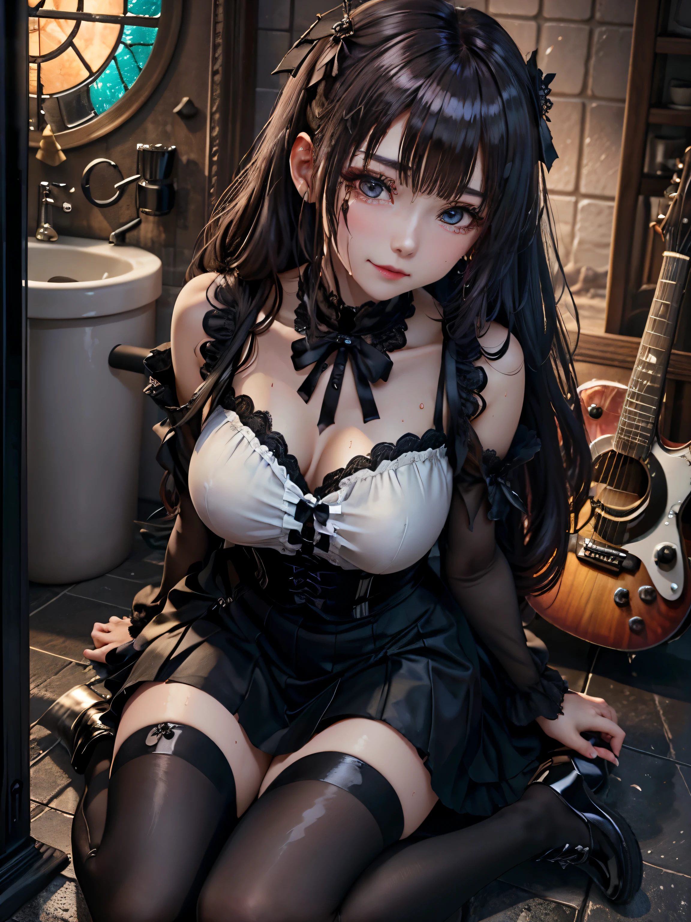 ハードdark gothicメイク、Insanity、deep night sky、horror、black dark eyeshadow、cry、grieve、Good skin glow、dark gothicメイク、dark smile、restless palace、expression of sexual excitement、fragrant beauty、22 years ago、Lie、lure、Expression of intense sexual pleasure、embarrassed look、dark gothic、Gothic ta、bell sleeve、wizard sleeve、lewd expression、Stained glassが背景、pieces fly、highest quality、Browse 5 books、Sweat shines on my chest、Expression of sexual pleasure in suffering、drunk face、Maid outfit mysterious、Noble、A face that is holding back the toilet、flirty gothic clothing、My body is wet and shiny、super sexy、Lots of glitter on the thighs、I'm sweating a lot、loving smile、twin tail hair、my thighs are so wet、jet black ruffle skirt、with shadow、right blue eye, left eye is red、Sit on a gothic bed covered in roses、Super bewitching pose、Gravure photography、knee high socks、thigh high socks、A lot of sweat and stickiness on the thighs、Plenty of plumpness, shiny thighs、Sweat glistens on your thighs, your whole body is sweaty and shiny、glamorous、platform heel shoes、pretty sweaty、My thighs are sweaty、dark makeup、Breast size is modest、black lipstick、重厚感のあるdark gothicロングドレス、bright pink hair、long hair straight hair、Stained glass、black metal world、open your legs loosely、her thighs are a little glamorous、黒いplay the guitar、guitar girl、play the guitar、guitar playing、gothic guitar、