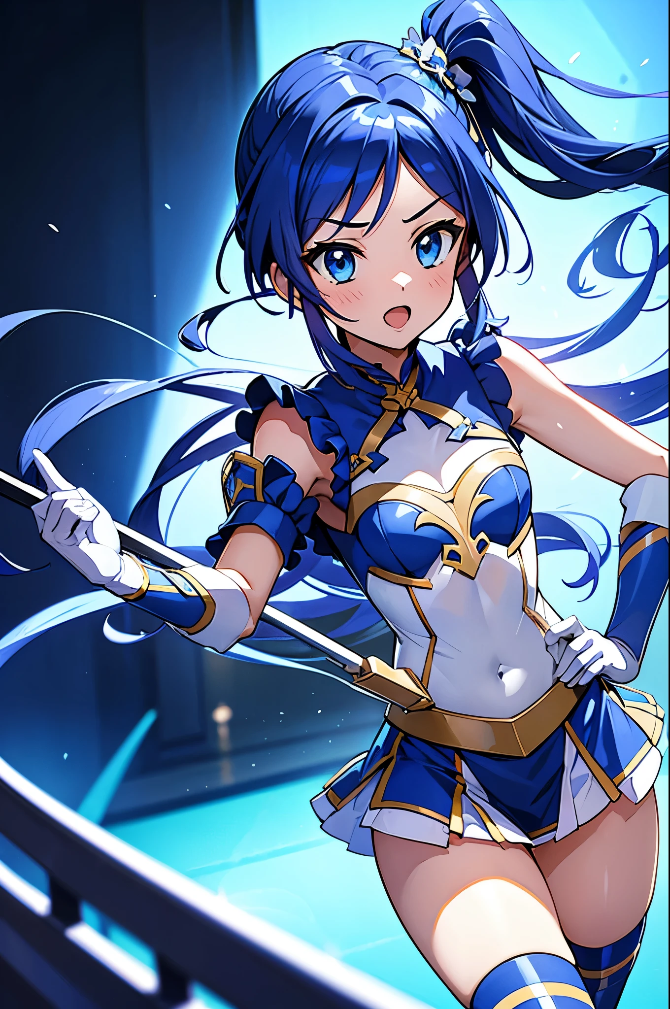 ,aikatsu,1 girls,in senki zesshou symphogear style , Blue long hair,Side Pony tail,Blue and White battle suit:1.5,BREAK,ultra-definition, high resolution, ultra-detail CG,caustics, Live stage, in front of super large vision, singing, stand microphone ,