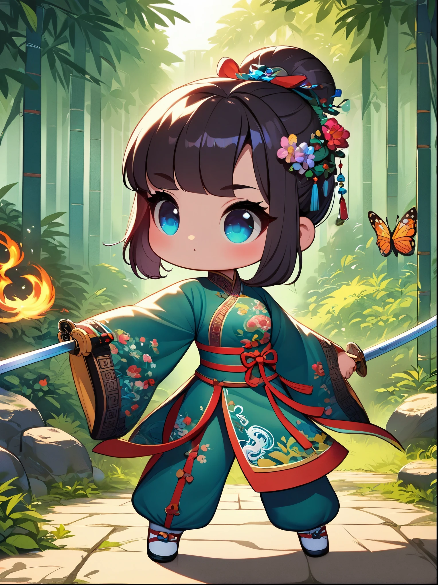 1girl, Extremely cute and adorable futuristic girl, Wearing Tang style Hanfu, Standing in a forest where nature and technology perfectly combine. Her bust is medium. ((She is holding a cool and magical flaming sword)), shine brightly. As the protagonist of this painting, She occupies a large area. Her posture is very innocent and cute, In sharp contrast to the surrounding exquisite high-tech facilities and vegetation. The painting has bright tones, The girl exudes cheerfulness、Vibrant breath. The whole painting is full of an atmosphere of innocence and fantasy.
