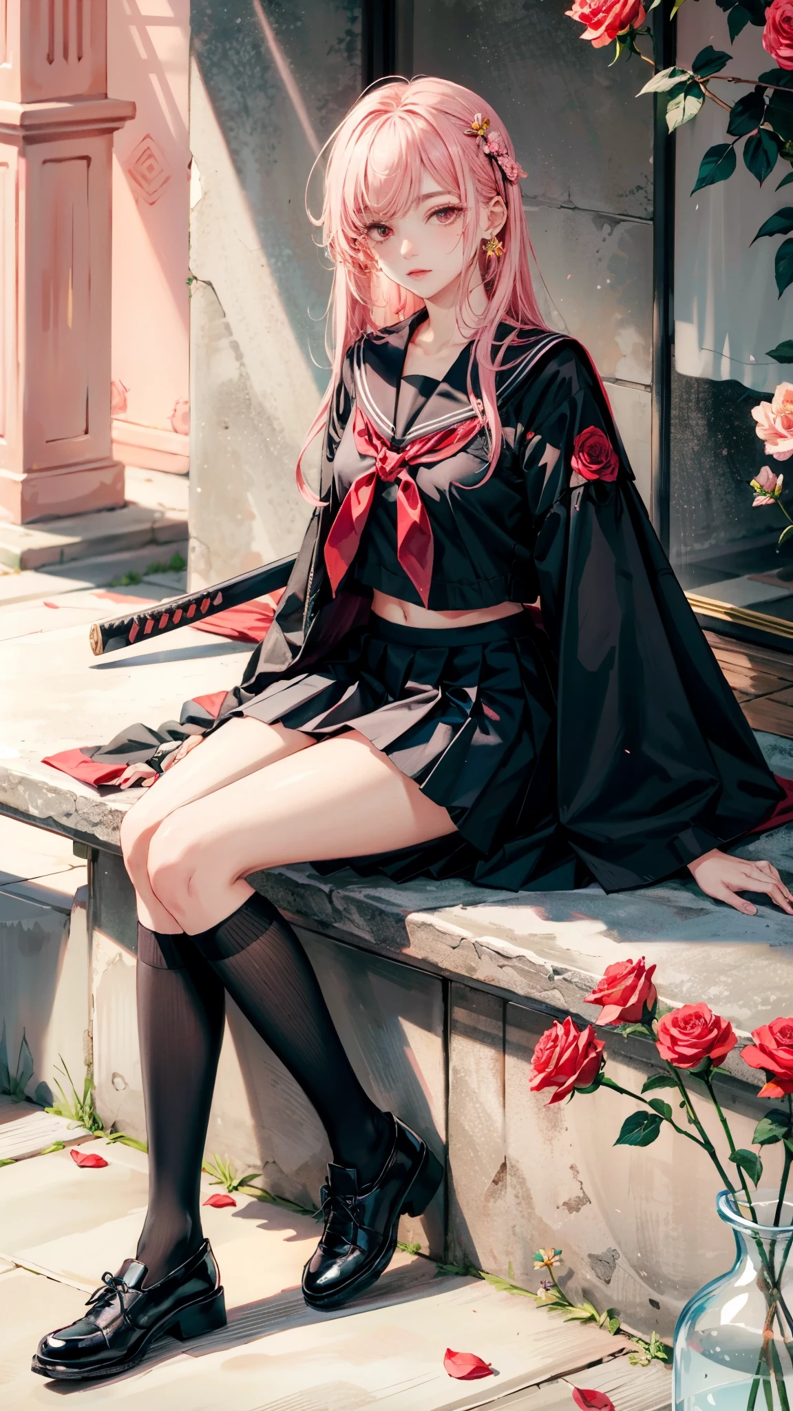 camellia, flower, red_flower, red_rose, rose, katana, 1girl, pink_rose, pink_flower, spider_lily, shoes, long_hair, school_uniform, serafuku, sheath, skirt, solo, sheathed, vase, looking_at_viewer, sitting, orange_flower, pleated_skirt, rose_petals, black_...