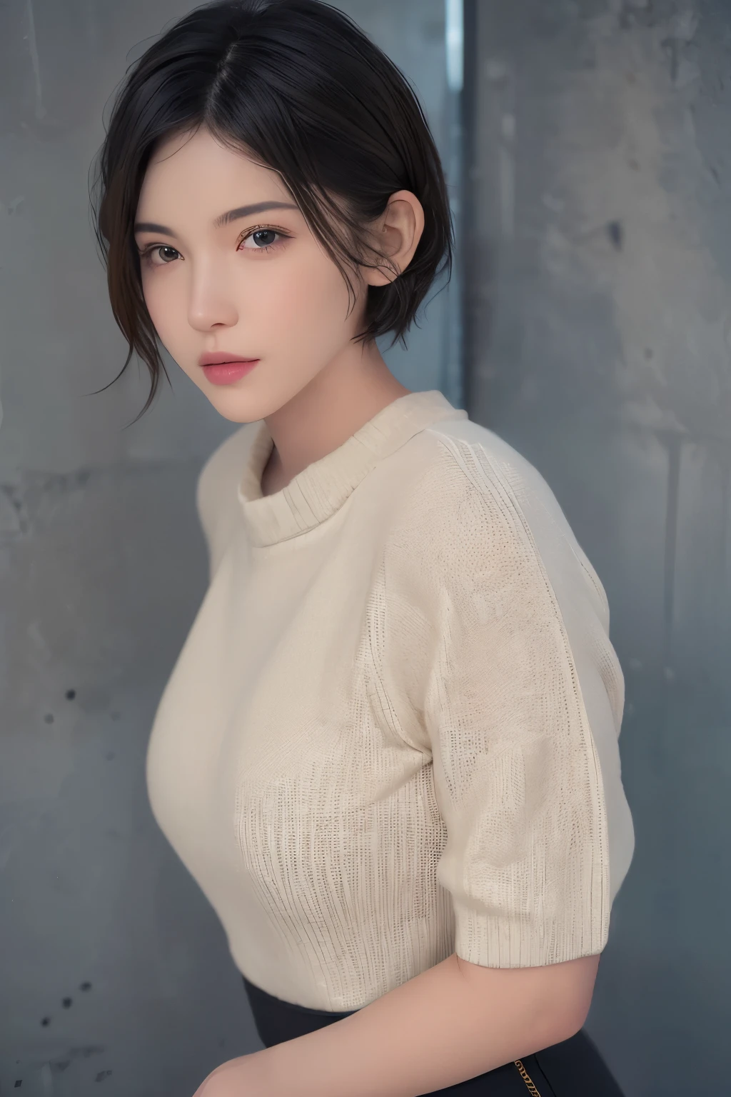 (masterpiece:1.3), (8k, lifelike, original photo, best quality: 1.4), (1 girl), pretty face, (lifelike的脸), (black hair, short hair:1.3), beautiful hairstyle, lifelike的眼睛, Beautiful and delicate eyes, (lifelike的皮肤), Beautiful skin, (sweater), Ridiculous, attractive, ultra high resolution, Surreal, Very detailed, golden ratio,whole body,raised buttocks,