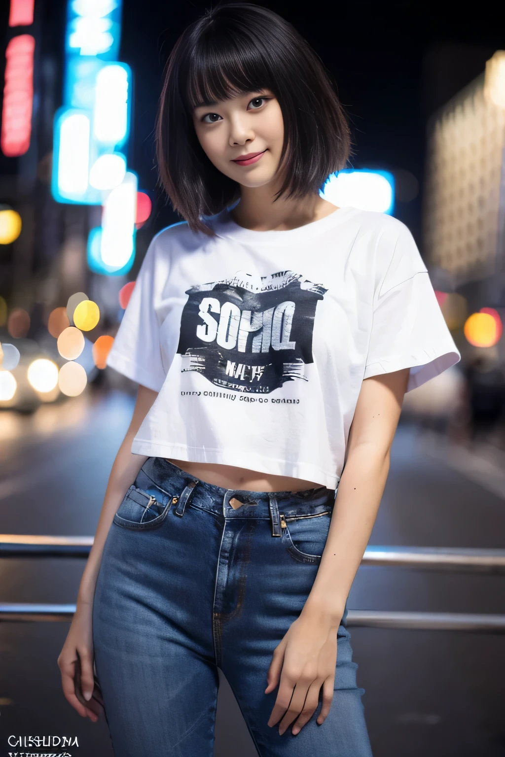(32k, Raw photo, highest quality, masterpiece:1.2), (realistic, photo-realistic:1.4), (Highly detailed 8K wallpaper),sharp focus, Depth of the bounds written,blur background, Bokeh,professional lighting, cinematic lighting,Backlight,full body,thin,japanese girl,20 year old girl,dynamic pose,cityscape,bob cut,wet hair,black hair,T-shirt,jeans,Hilarious,
