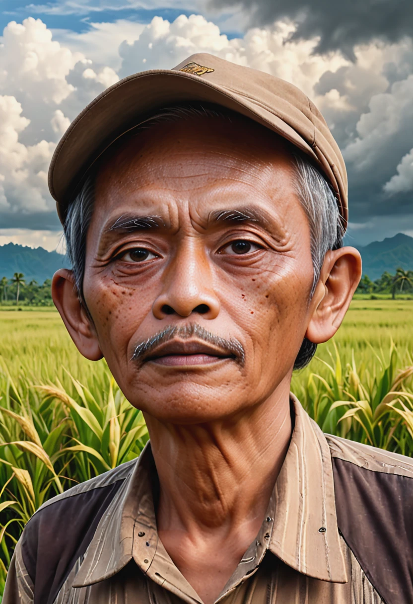 close up portrait, a 35 years Indonesian old man standing in a field, in the style of realistic hyper-detailed portraits, cabincore, earthy colors, ambitious, dinopunk, atmospheric clouds, bold