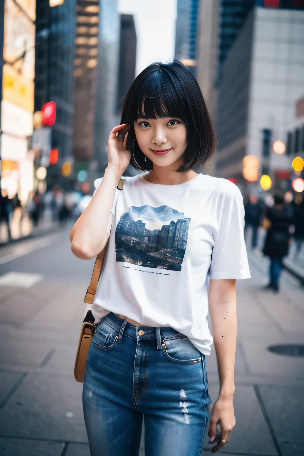 (32k, Raw photo, highest quality, masterpiece:1.2), (realistic, photo-realistic:1.4), (Highly detailed 8K wallpaper),sharp focus, Depth of the bounds written,blur background, Bokeh,professional lighting, cinematic lighting,Backlight,full body,thin,japanese girl,20 year old girl,dynamic pose,cityscape,bob cut,wet hair,black hair,T-shirt,jeans,Hilarious,