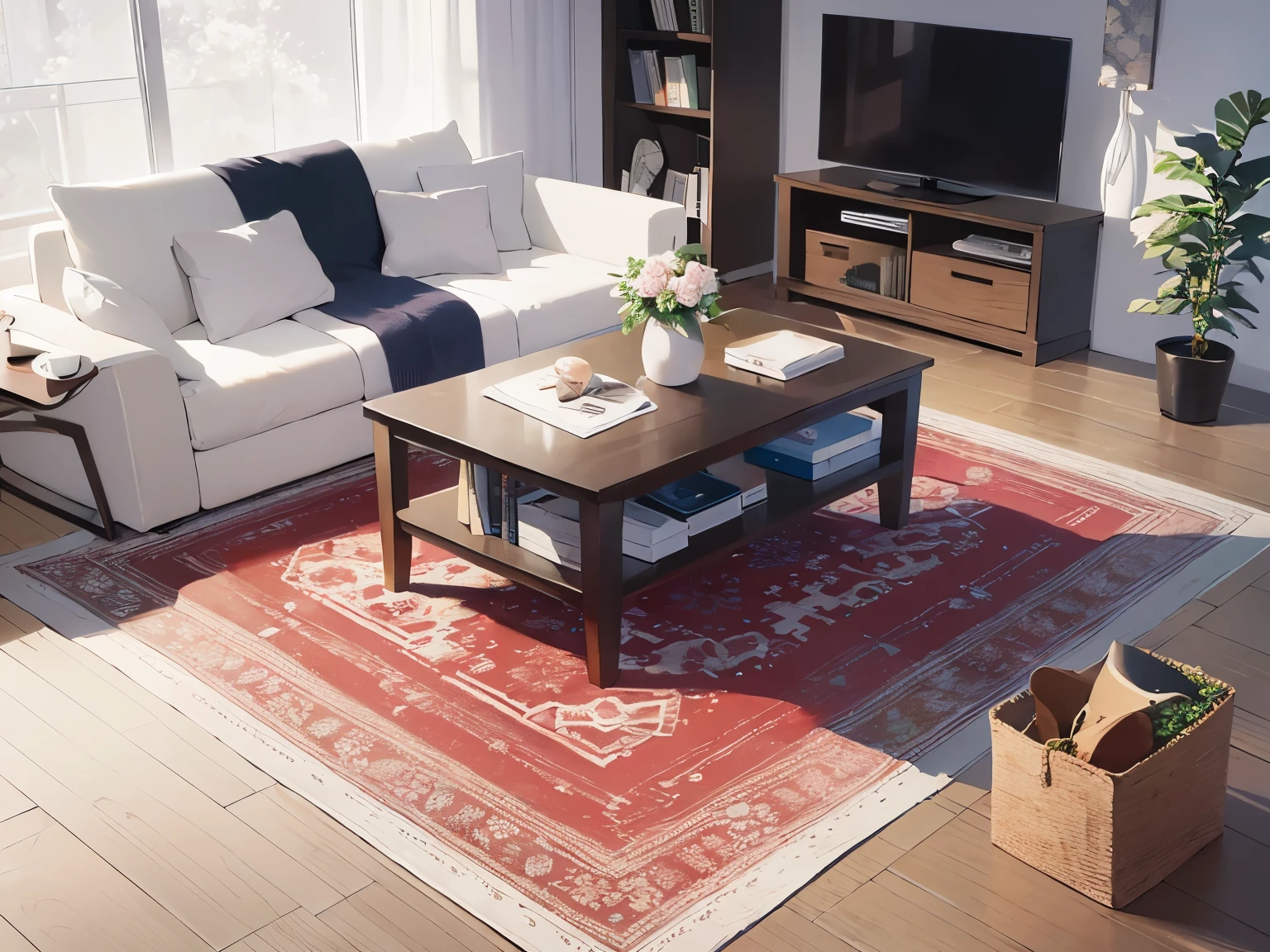 living、sofa、table、floor、Rug mat、ceiling、tv set