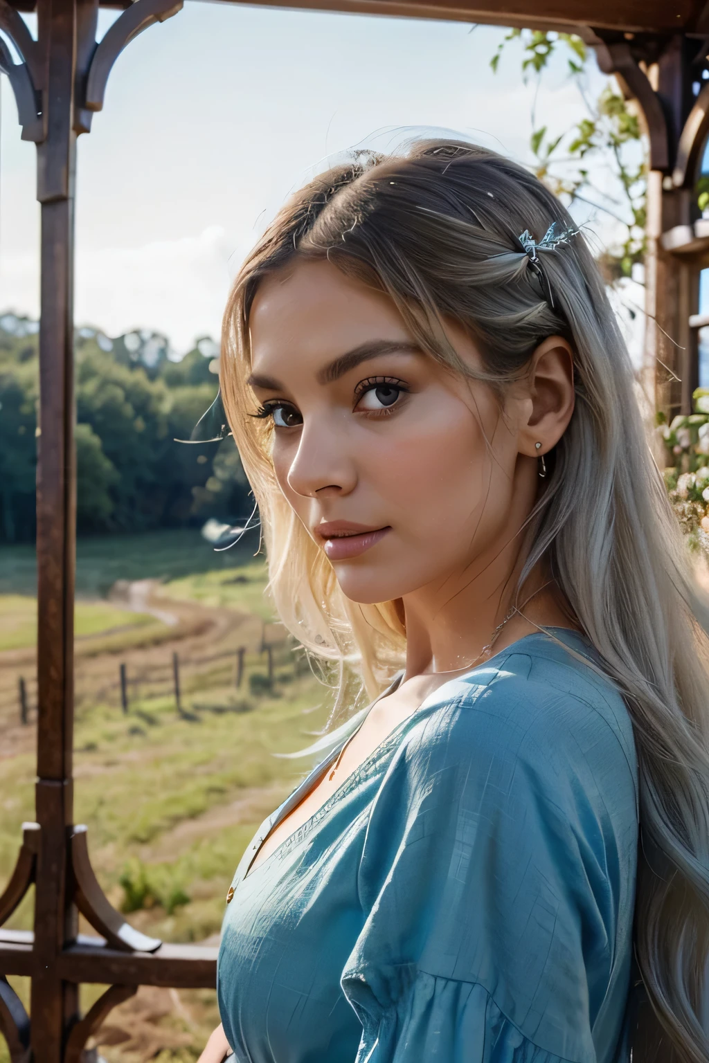 Craft an image capturing the essence of Nordic elegance. Behold a stunning rural girl of Nordic descent, her captivating eyes gazing into the distance as she ponders amidst the serenity of her surroundings. Dressed in a charming blue dress that complements the hues of the countryside, her white hair cascades in gentle waves, framing her face with an ethereal glow. With features reminiscent of Sophia Loren's timeless elegance, her nose adds a touch of sophistication to her enchanting visage.As she contemplates amidst the rustic backdrop, every detail of her expression is captured in stunning high definition, from the subtle furrow of her brow to the delicate curve of her lips. This close-up portrait invites you to lose yourself in the quiet beauty of rural life, where simplicity meets.
