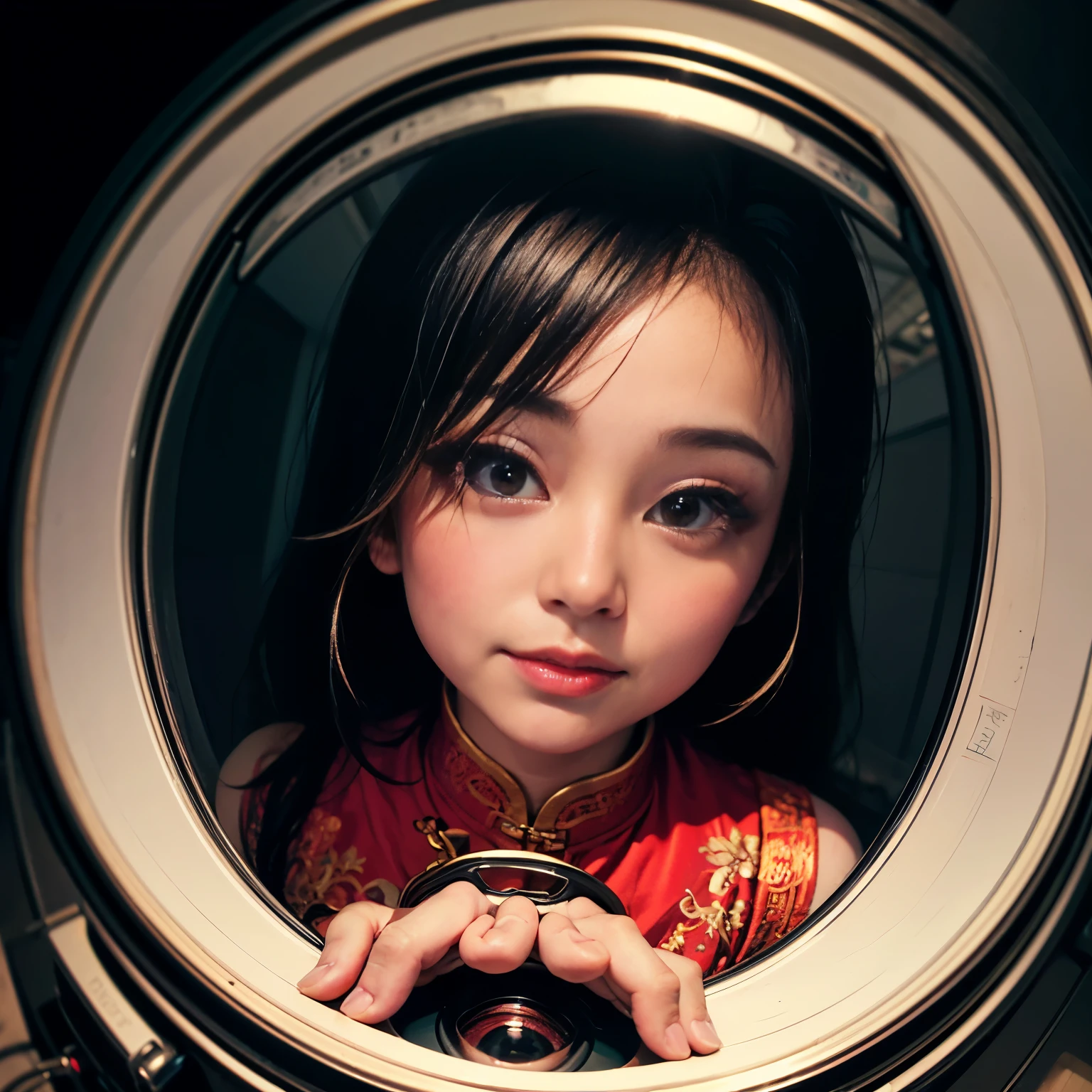 Floor-to-ceiling windows in the living room on the 180th floor of the Shanghai Tower door,Two little girls in openwork translucent stockings holding toys,Pout,Pink double-tailed hair and cyan eyes,Anime little girl in servant costume