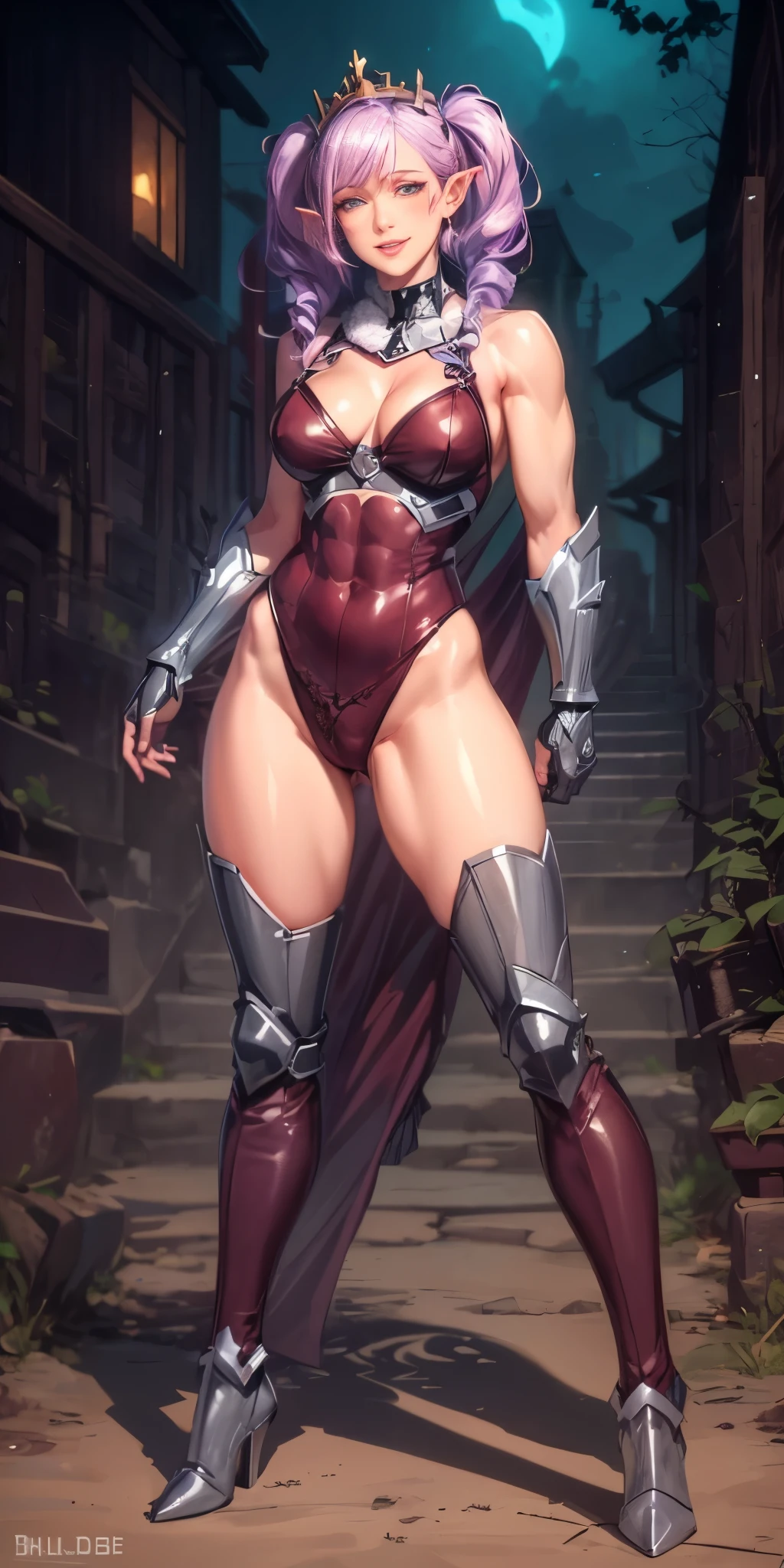 masterpiece, best quality, purple hair, pointy ears, female dwarf, collar, off-shoulder shirt, cleavage, brown leather vest, green pants, large breasts, walking, stairs, forest, night sky, boots, erected nipples, lustful smirking smile face red blushed red cheeks