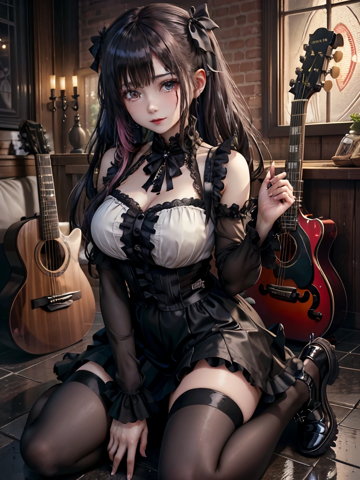 ハードdark gothicメイク、Insanity、deep night sky、horror、black dark eyeshadow、cry、grieve、good skin shine、dark gothicメイク、dark smile、Restless Palace、expression of sexual excitement、fragrant beauty、22 years old、Lie down、lure、expression of intense sexual pleasure、A look of shame、dark gothic、Gothic Lolita、bell sleeve、wizard sleeve、lewd expression、Stained glassが背景、muste piece、best quality、Refers to 5 books、Sweat glistens on my chest、Expression of sexual pleasure in suffering、drunk face、Maid clotheysterious、Noble、A face that is holding back the toilet、flirty gothic  clothes、body is wet and shiny、Super sexy、Lots of glitter on the thighs、i am sweating a lot、loving smile、twin tail hair、my thighs are so wet、jet black ruffle skirt、shaded、right blue eye, left eye is red、Sit on a gothic bed covered in roses、Super bewitching pose、Gravure shooting、knee high socks、thigh high socks、A lot of sweat and stickiness on the thighs、Plenty of plump, shiny thighs、Sweat glistening on your thighy whole body is shiny with sweat、glamorous、platform heel shoes、pretty sweaty、My thighs are sweaty、dark makeup、Chest size is modest、black lipstick、重厚感のあるdark gothicロングドレス、bright pink hair、long hair straight hair、Stained glass、black metal world、open your legs sloppily、her thighs are a little glamorous、play black guitar、guitar girl、play guitar、guitar playing、gothic guitar、