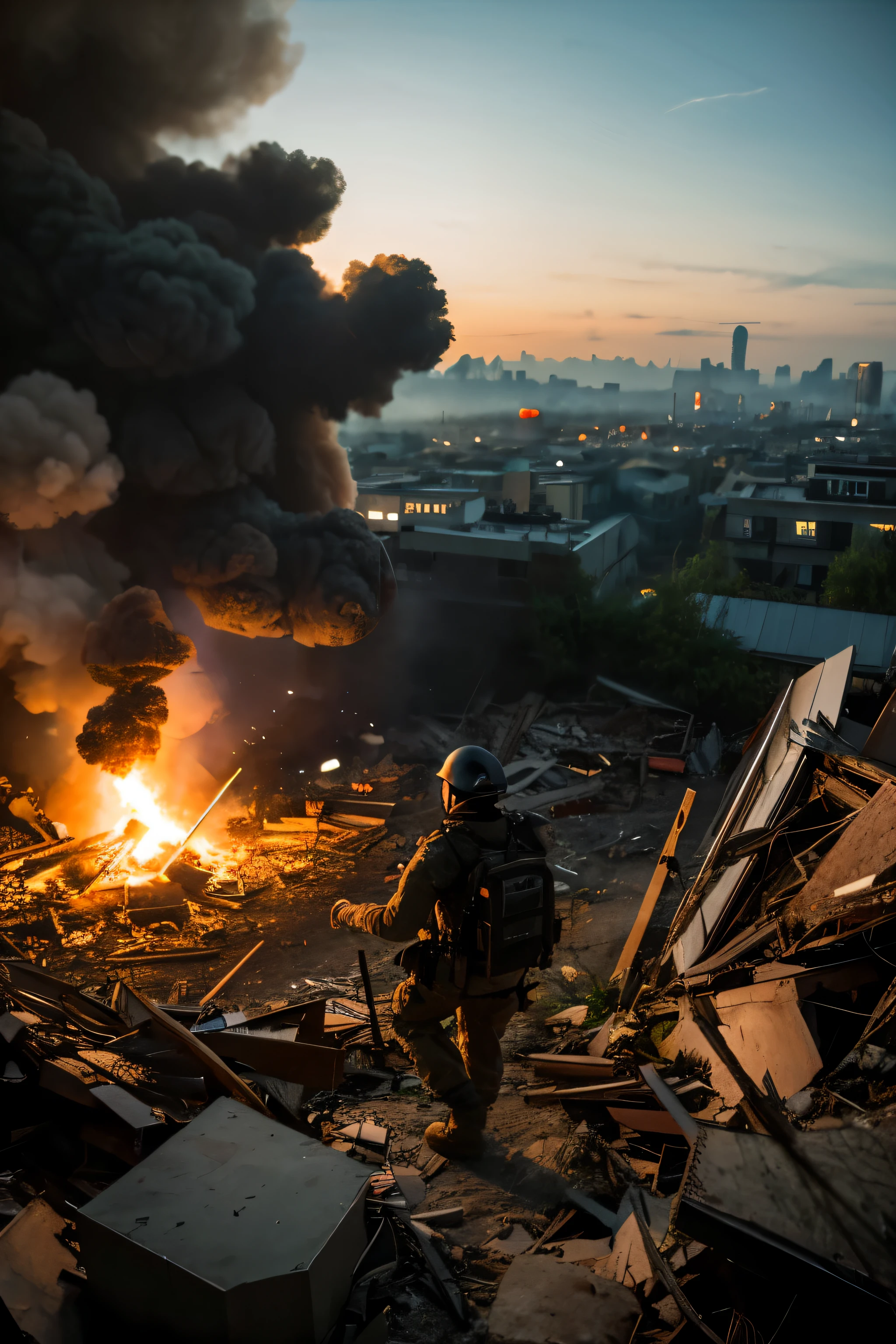 overlook From above battlefield night rubble explosive inflammation