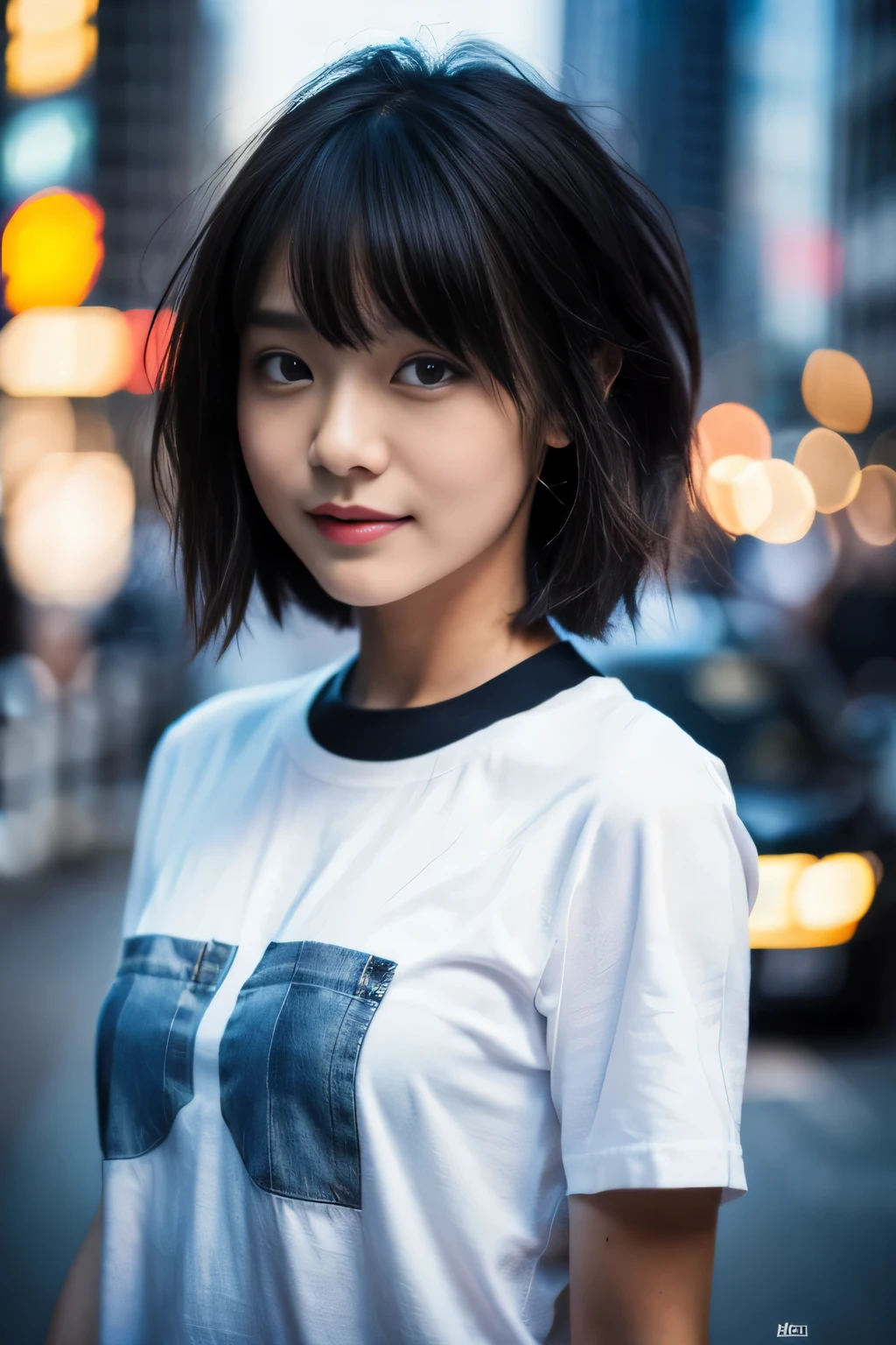 (32k, Raw photo, highest quality, masterpiece:1.2), (realistic, photo-realistic:1.4), (Highly detailed 8K wallpaper),sharp focus, Depth of the bounds written,blur background, Bokeh,professional lighting, cinematic lighting,Backlight,extreme close up shot,thin,japanese girl,20 year old girl,dynamic pose,cityscape,bob cut,wet hair,black hair,T-shirt,jeans,Hilarious,
