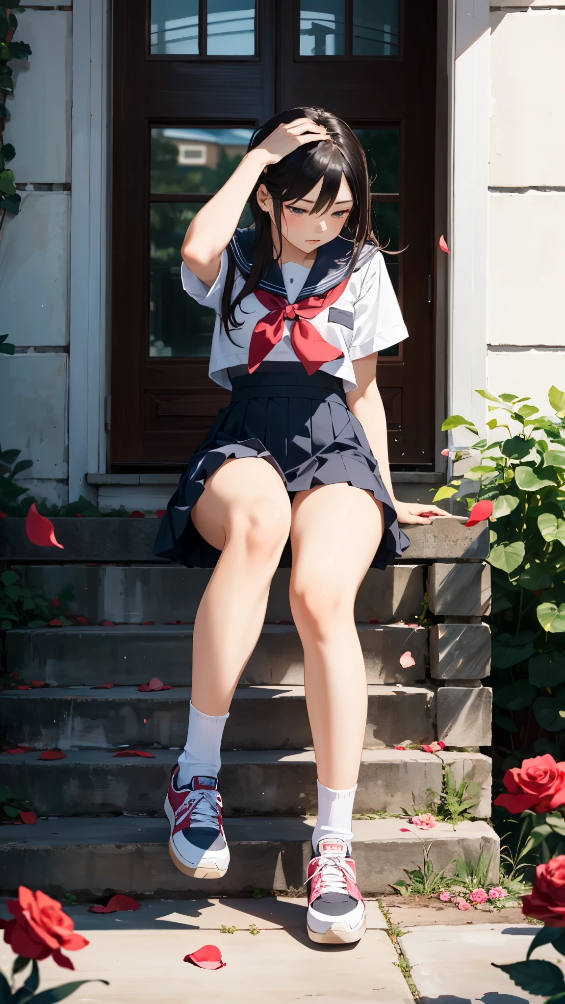 camellia, flower, red_flower, red_rose, rose, katana, 1girl, pink_rose, pink_flower, spider_lily, shoes, long_hair, school_uniform, serafuku, sheath, skirt, solo, sheathed, vase, looking_at_viewer, sitting, orange_flower, pleated_skirt, rose_petals, black_...