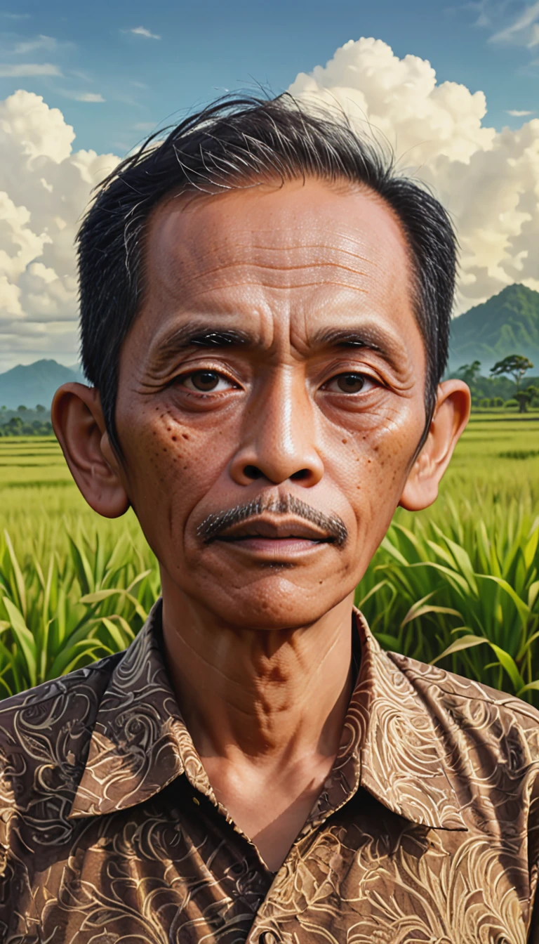 close up portrait, a 30 years Indonesian old man standing in a field, in the style of realistic hyper-detailed portraits, earthy colors, ambitious, dinopunk, atmospheric clouds, bold