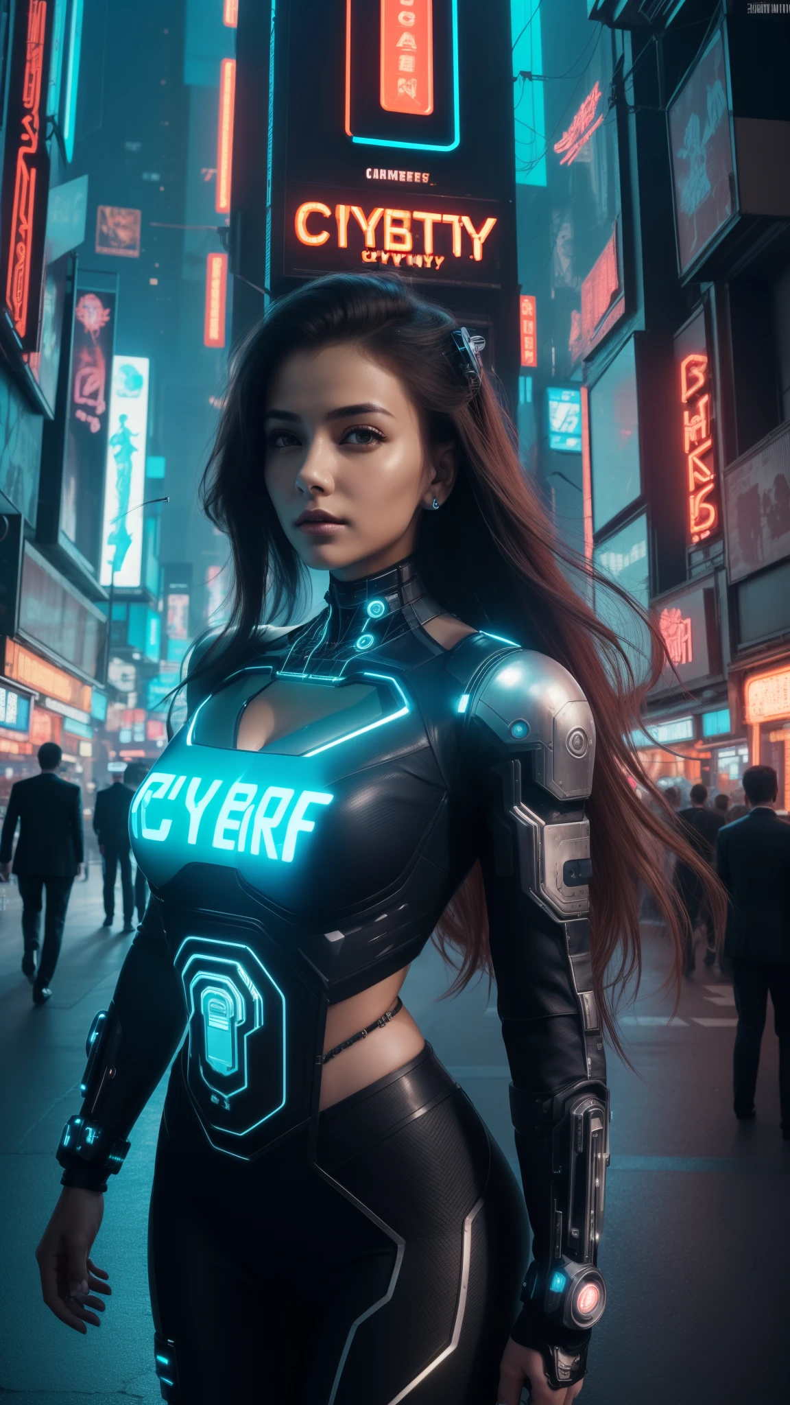 ((25 year old cyberpunk girls in a colorful Harajuku pop outfit)), ((((fisheye lens)))), Cowboy shot, the wind, Real Pile, big blue eyes, 8K, a perfect face, the perfect body, messy hair, Highly detailed eyes, Highly detailed face, ((Cyberpunk 2077 cityscape)), (Cyberpunk aesthetics and atmosphere:1.3), Bright colors, Smiling, ((Cinematic lighting))