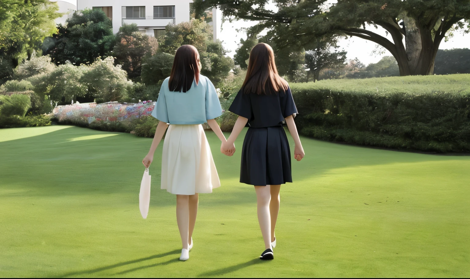 Two girls holding hands and walking forward on the lawn