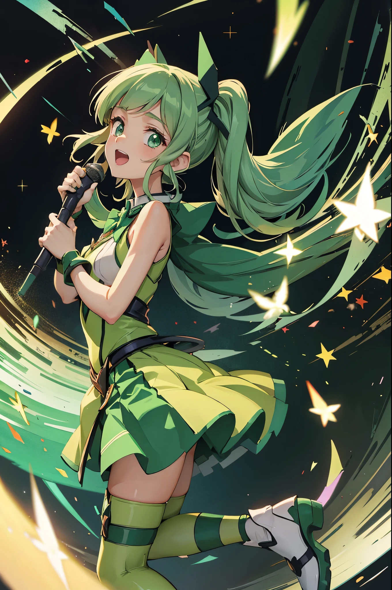 ,aikatsu,1 girls,in senki zesshou symphogear style , Green long hair,Twin tail,Green and Black battle suit:1.5,BREAK,ultra-definition, high resolution, ultra-detail CG,caustics, Live stage, in front of super large vision, singing, stand microphone ,