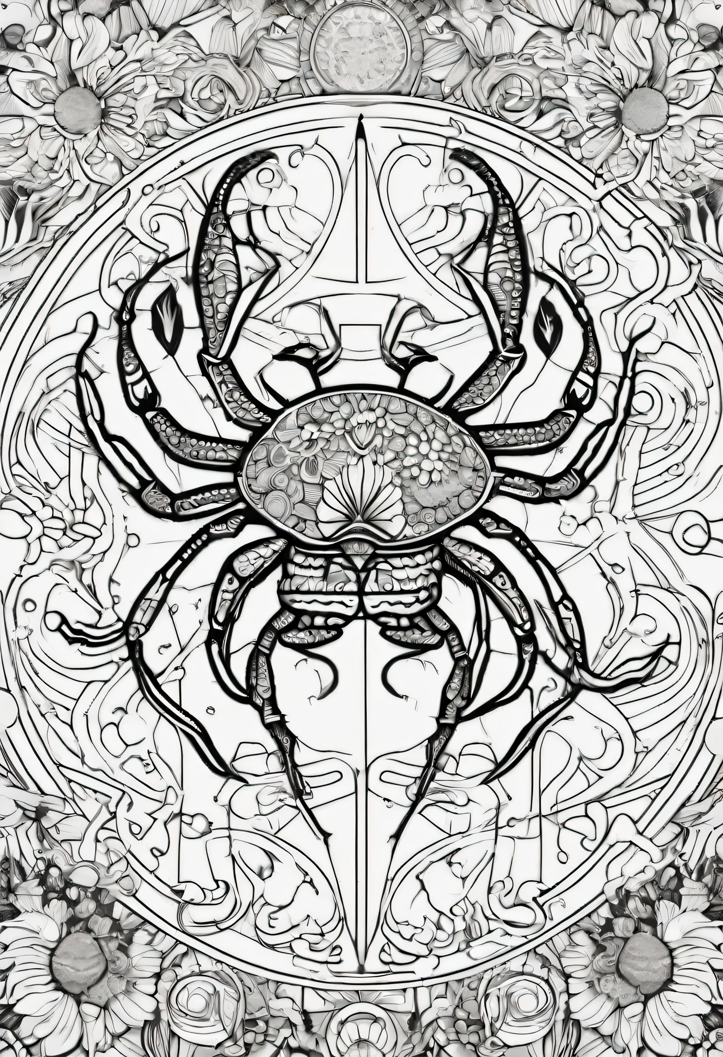 An adult coloring page of the Zodiac sign Cancer