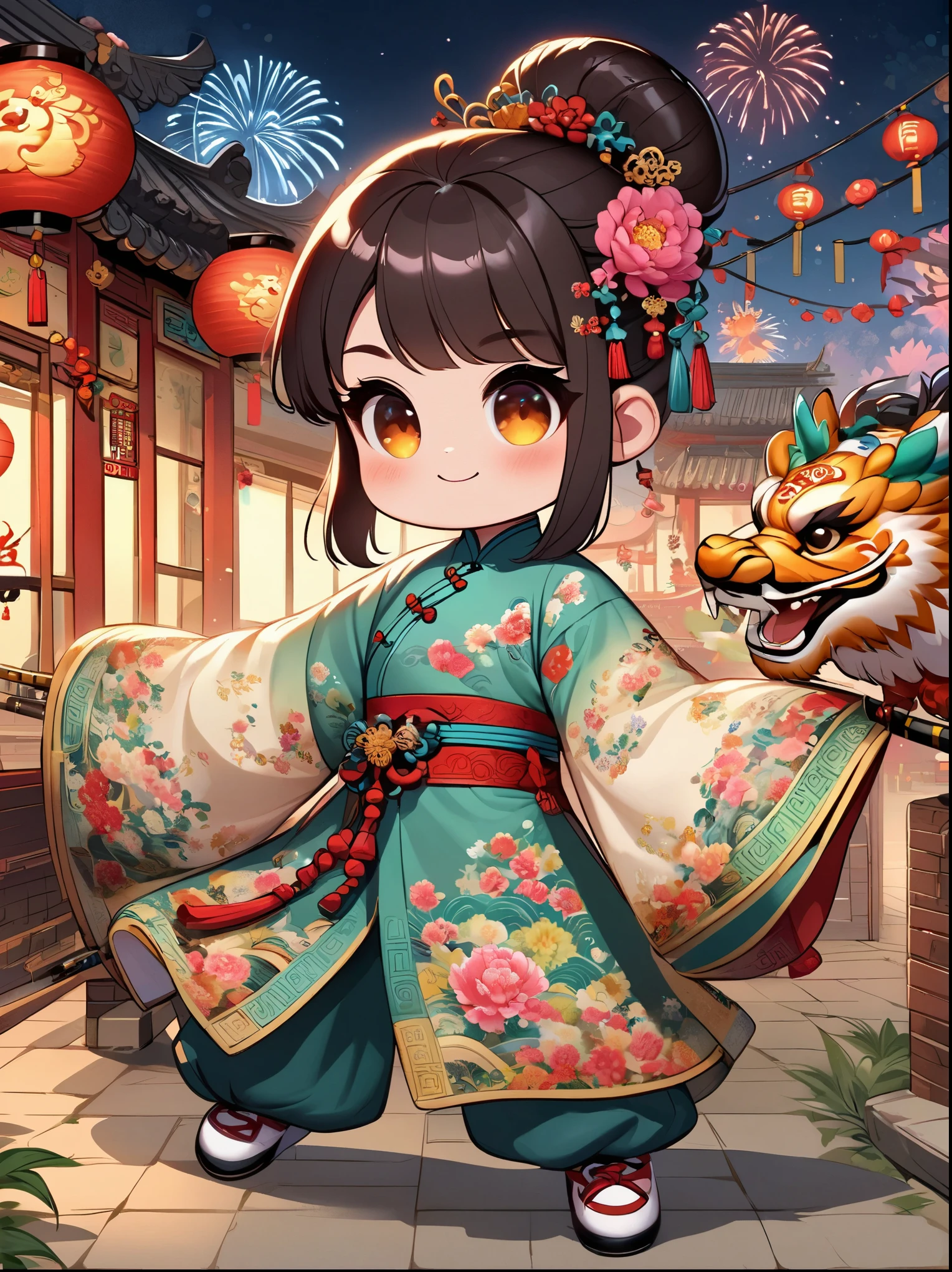 Dynamic joyful vector style illustration celebrating Chinese New Year. The scene was very lively，children playing, surrounded by fireworks, firecracker, and lion dance performance. Children dressed in traditional Chinese costumes, Smiling and holding festive items such as lanterns and red envelopes. The background is filled with unique decorations for the Spring Festival, Such as red lanterns、couplet. The atmosphere is festive、Colorful, Reflect the Spring Festival with traditional cultural elements. In the background is a busy town square，Featuring modern Chinese rural architecture