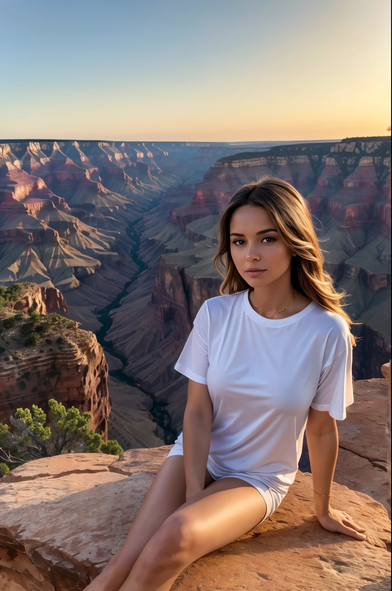 masterpiece, best quality, extremely detailed, hyperrealistic, photorealistic, a pretty woman, ultra detailed face:1.1, sitting on the edge of a cliff, her feet in the air, grand canyon, united states, gold at sunset:1.1, white t-shirt
