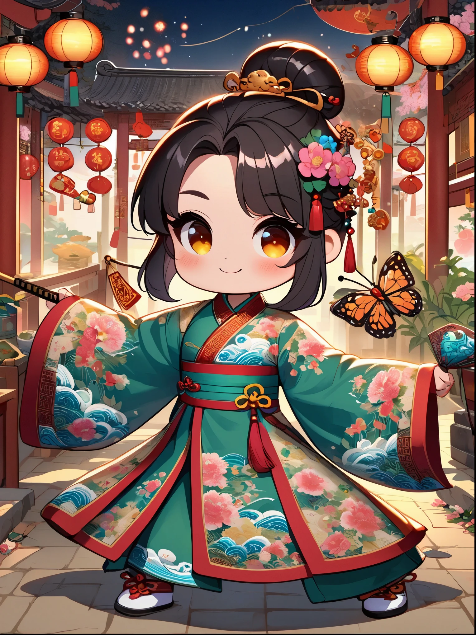 Dynamic joyful vector style illustration celebrating Chinese New Year. The scene was very lively,children playing, surrounded by fireworks, firecracker, and lion dance performance. Children dressed in traditional Chinese costumes, Smiling and holding festive items such as lanterns and red envelopes. The background is filled with unique decorations for the Spring Festival, Such as red lanterns、couplet. The atmosphere is festive、Colorful, Reflect the Spring Festival with traditional cultural elements. In the background is a busy town square,Featuring modern Chinese rural architecture