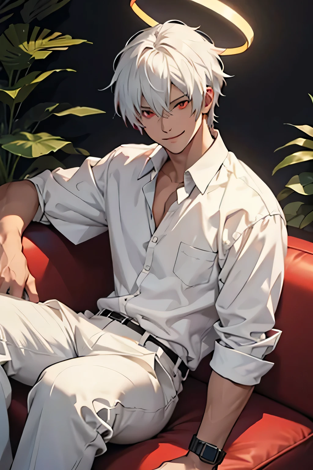 1 man, red eyes, short white hair, white shirt, black pants, smiling, sitting on a couch. halo