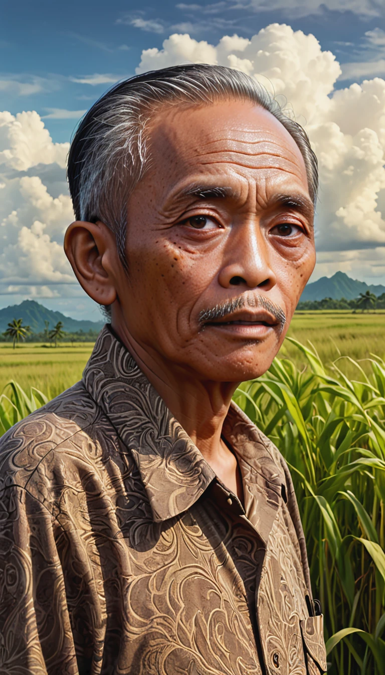 close up portrait, a 25 years Indonesian old man standing in a field, in the style of realistic hyper-detailed portraits, earthy colors, ambitious, dinopunk, atmospheric clouds, bold