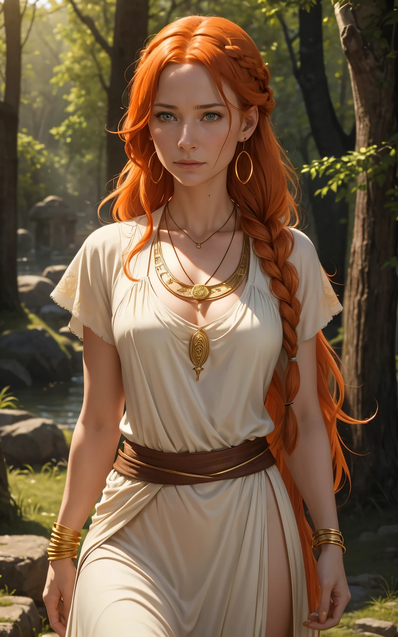 Flamme, (young Lena Headey:Evangeline Lilly), A 35-year-old woman with orange hair, green eyes, sideburns, one large braid, a gold necklace with a ruby pendant, dressed in a white Greek tunic and Roman sandals, with gold bracelets on her arms, forest in the background, masterpiece, hyperdetailed,((1girl)) ,bangs,braided ponytail,single braid,orange hair,very long hair,sidelocks,red earrings,hair over one eye,