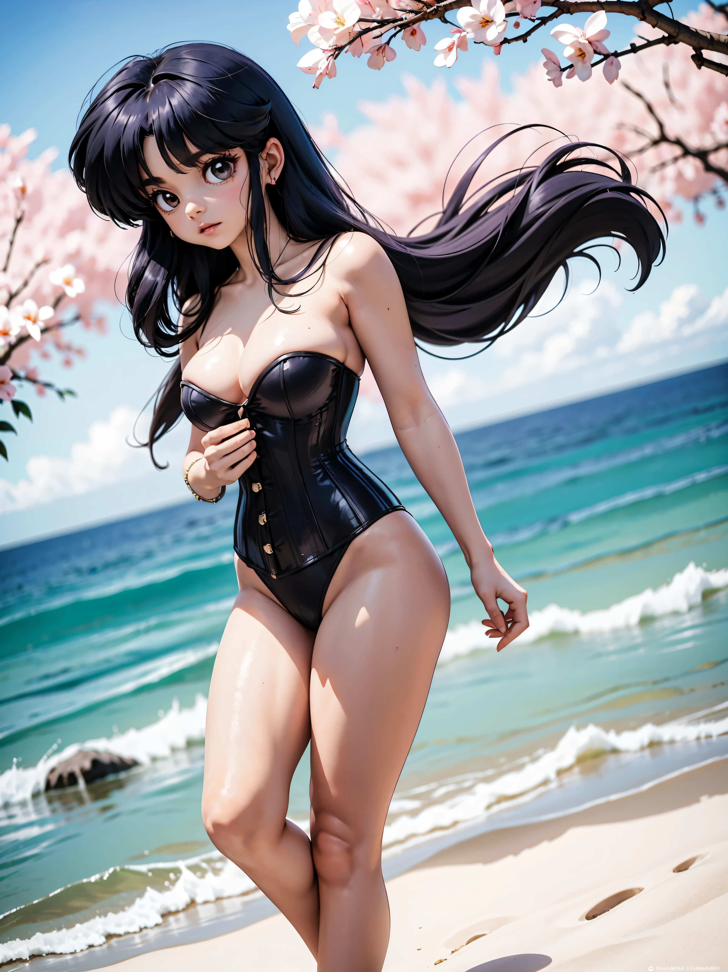 Dark-haired anime girl in pink swimsuit and corset, , corpo bonito, seios grandes, com as hands on chest, hands on chest, Garota sensual, purple cabelo, mechas de cabelo laterais, mechas de cabelo na lateral do rosto, beautiful lighting, sombras suaves, olhos azuis, pernas bonitas, cabelo curto, estilo anime, personagem Akane Tendo, Autora Rumiko Takahashi, Baseado em obra de Rumiko Takahashi, Anime Ranma 1/ 2, decote sensual, quadril robusto, corpo inteiro, corpo inteiro, busto grande, garota jovem com corpo belo e bonito, sandals on his feet, garota 16 anos usando maiô e corset pink, garota anime, estilo anime, beautiful feet in sandals, 45° viewing angle, ao ar livre, peito grande, seios bonitos, cabelo preto, sandals on the feet, pernas bonitas, sensual, belas pernas, Sandalias, seios grandes, corpo completo, corpo inteiro, feet with sandals, anime realista, saia, sarja roxa, postura reta